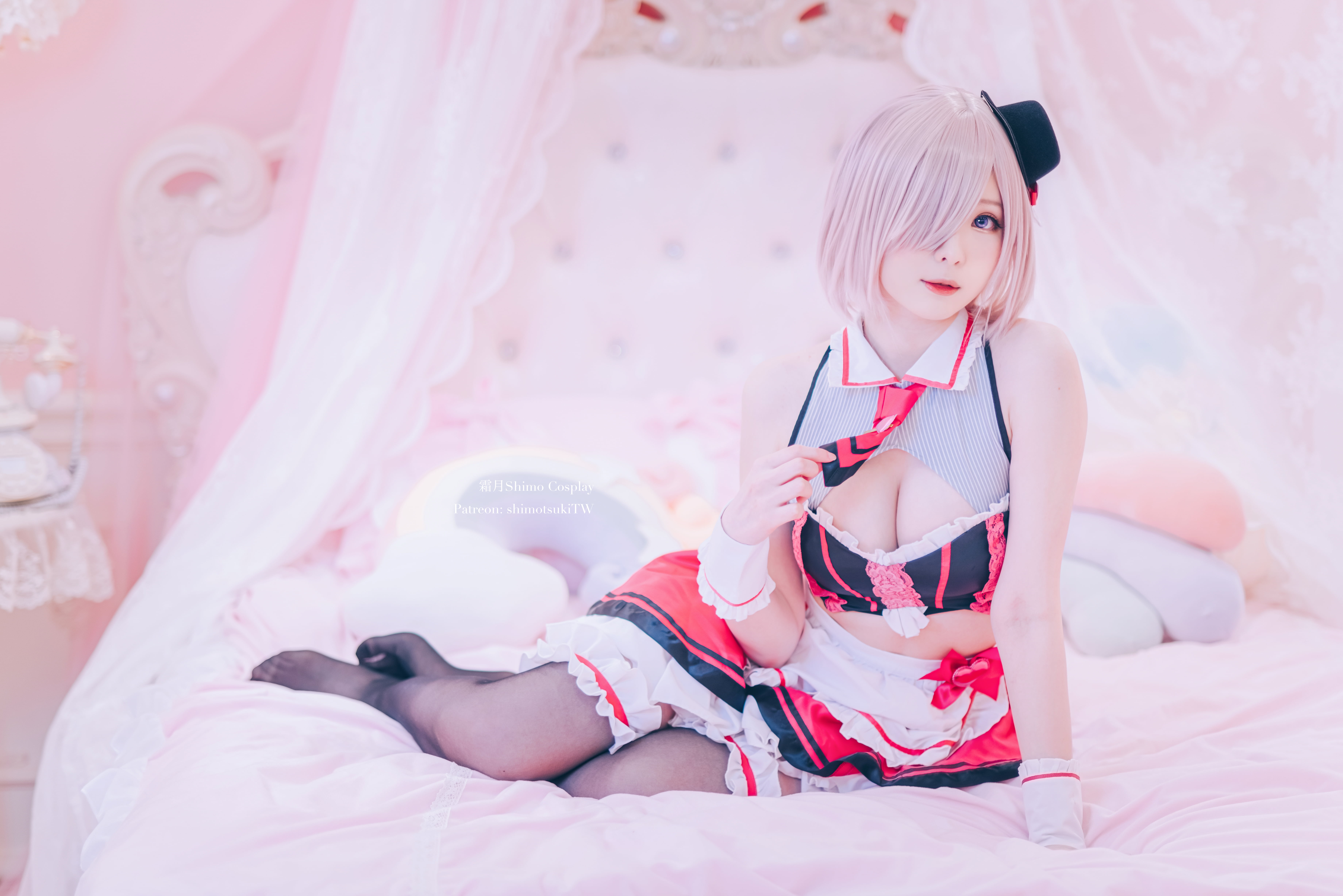 model, stockings, cleavage, Shimo Cosplay, anime girls, miniskirt, women, women indoors, Fate/Grand Order, indoors, cosplay, crop top, 5K, black stockings, HD Wallpaper