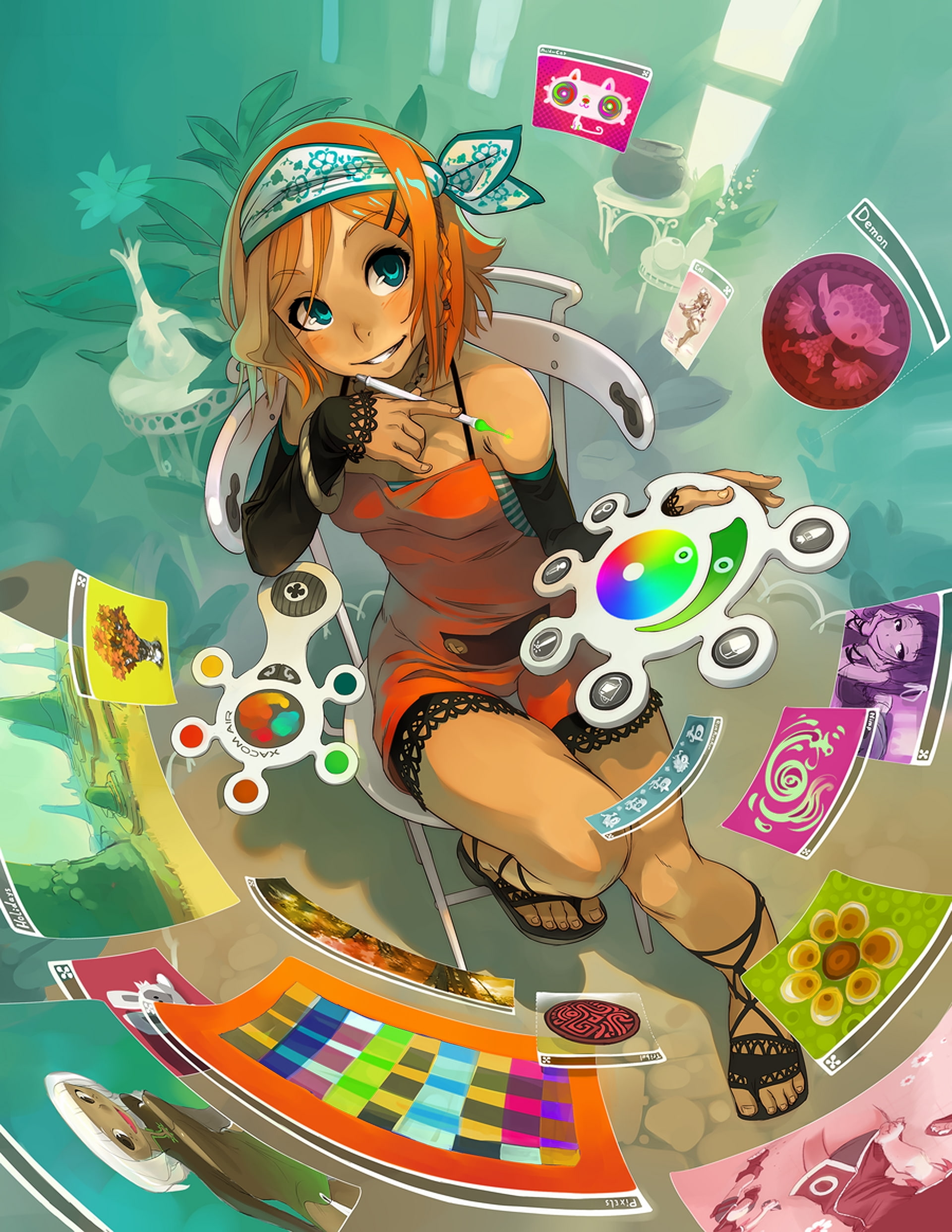 room, Computers, eyes, paintings, hair, art, colorful, anime, people, trees, smiling, blue, 1080P, short, cover, gi, drawings, hd, artwork, Phone HD Wallpaper