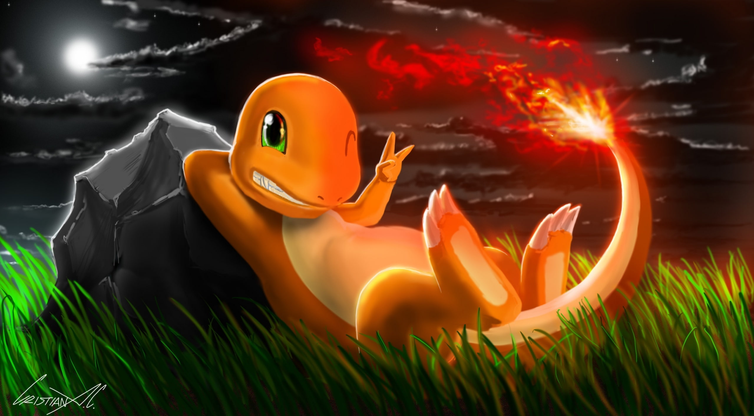 fantasy, burning, Games, fire, character, Charmander, Pokemon, glowing, sky, orange color, nature, outdoors, 2K, celebration, motion, night, illuminated, HD Wallpaper