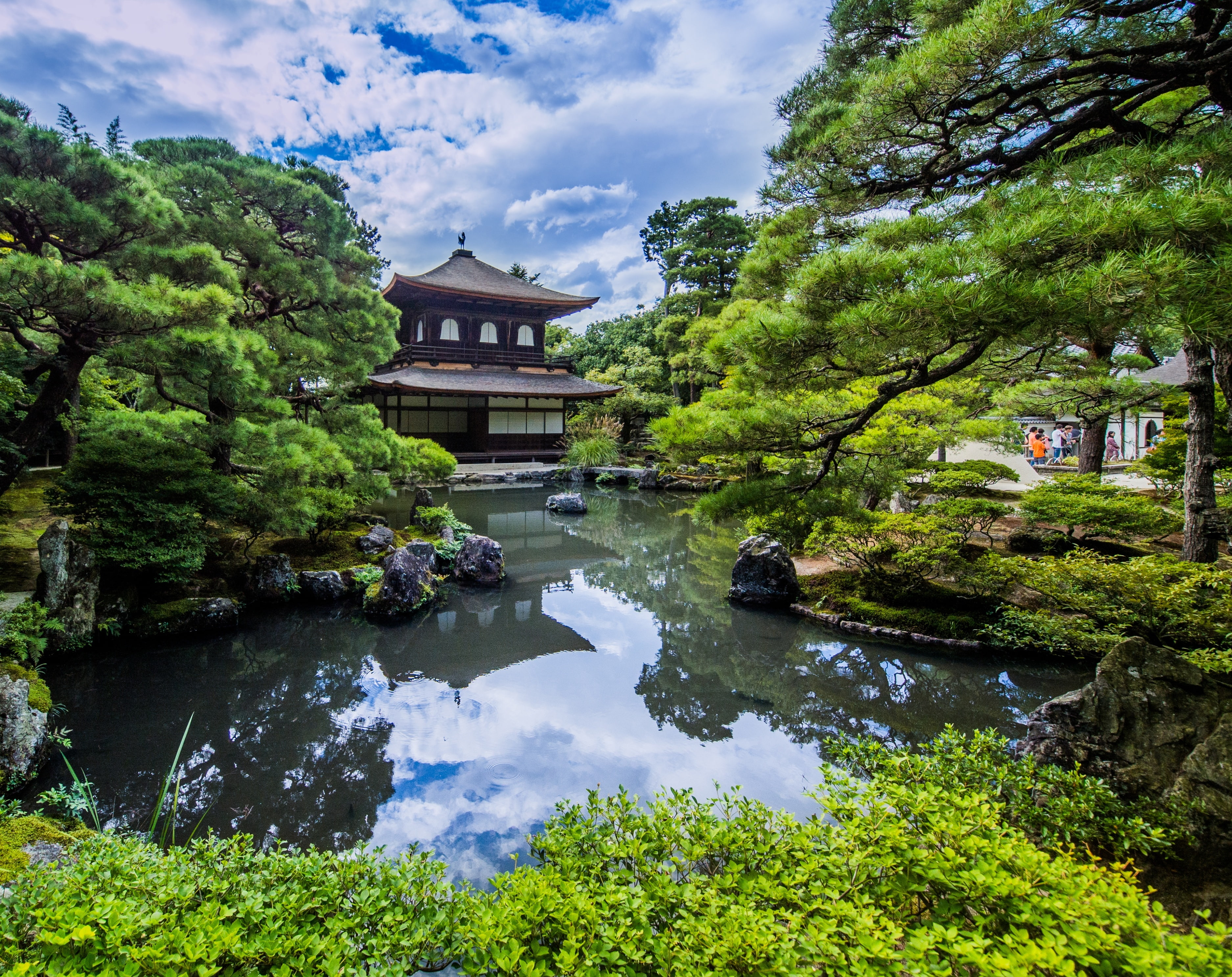 day, Trees, japanese, sky, cloud - sky, building, Garden, built structure, Clouds, tree, leafed, building exterior, Lake, Temple, plant, place of worship, HD Wallpaper
