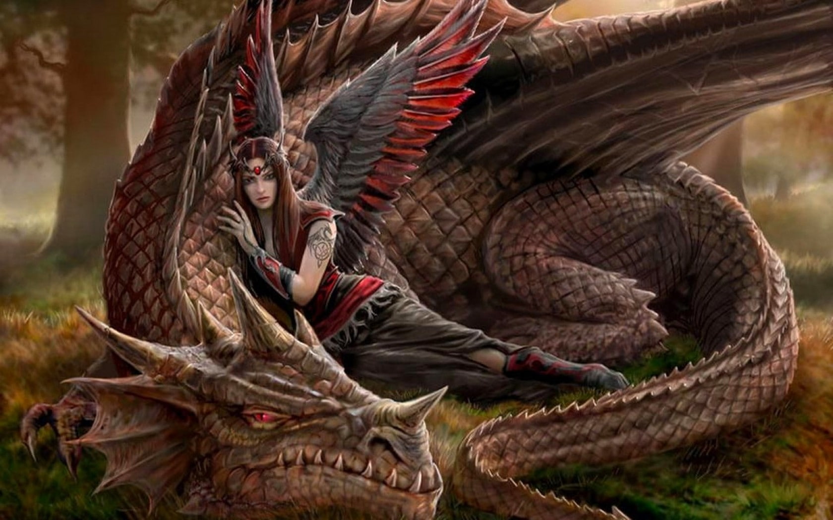 grass, red, hd, angels, nature, trees, friends, art, eyes, fantasy, 720P, dragons, tattoos, wings, e, women, dress, brunettes, HD Wallpaper