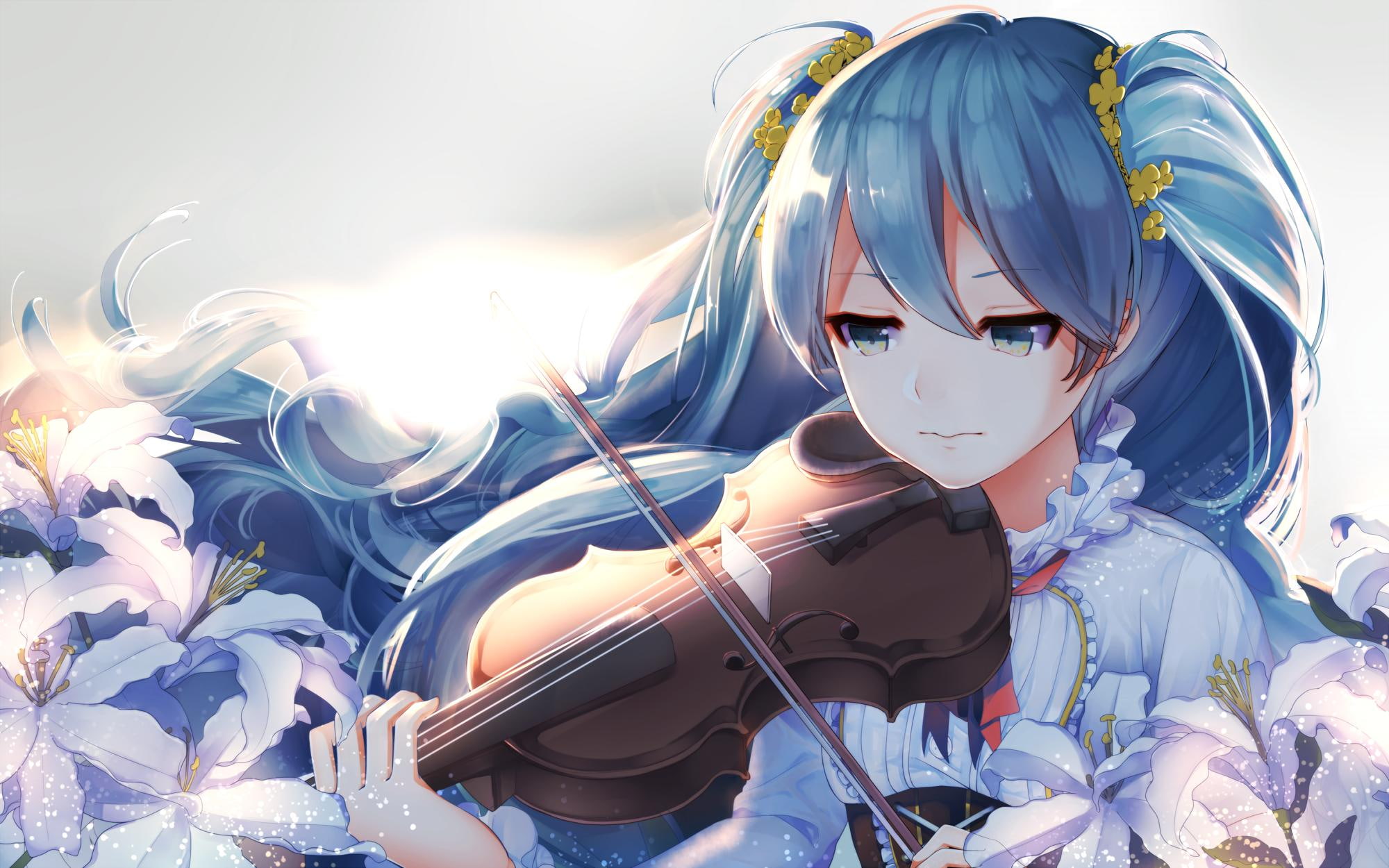hatsune miku, vocaloid, 1080P, flowers, violin, hatsune, miku, anime girl, anime, girl, HD Wallpaper