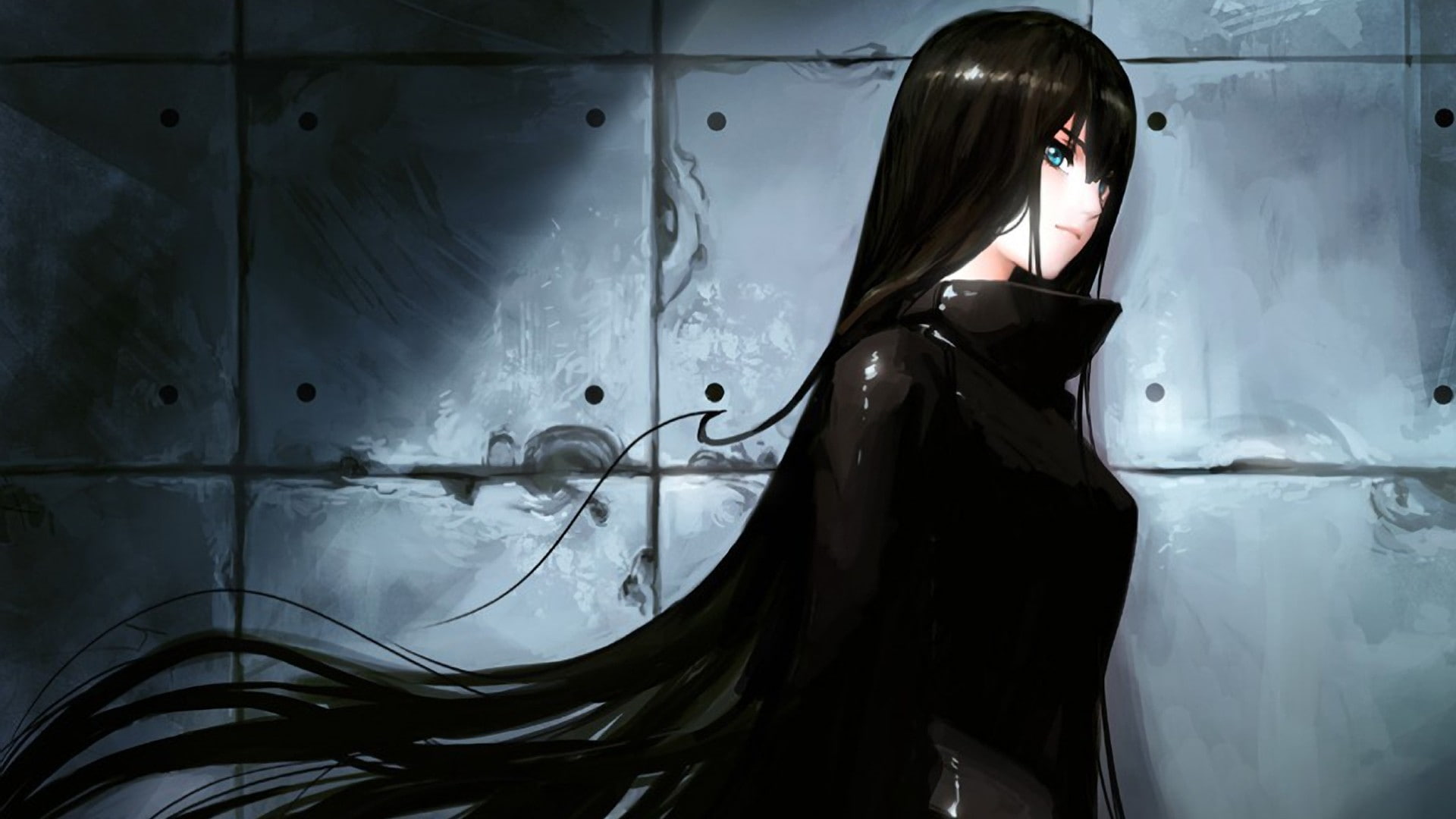 eyes, anime, brunettes, 1080P, girls, manga, long, people, art, digital, leather, lady, blue, x, black, hair, hd, women, wall, HD Wallpaper