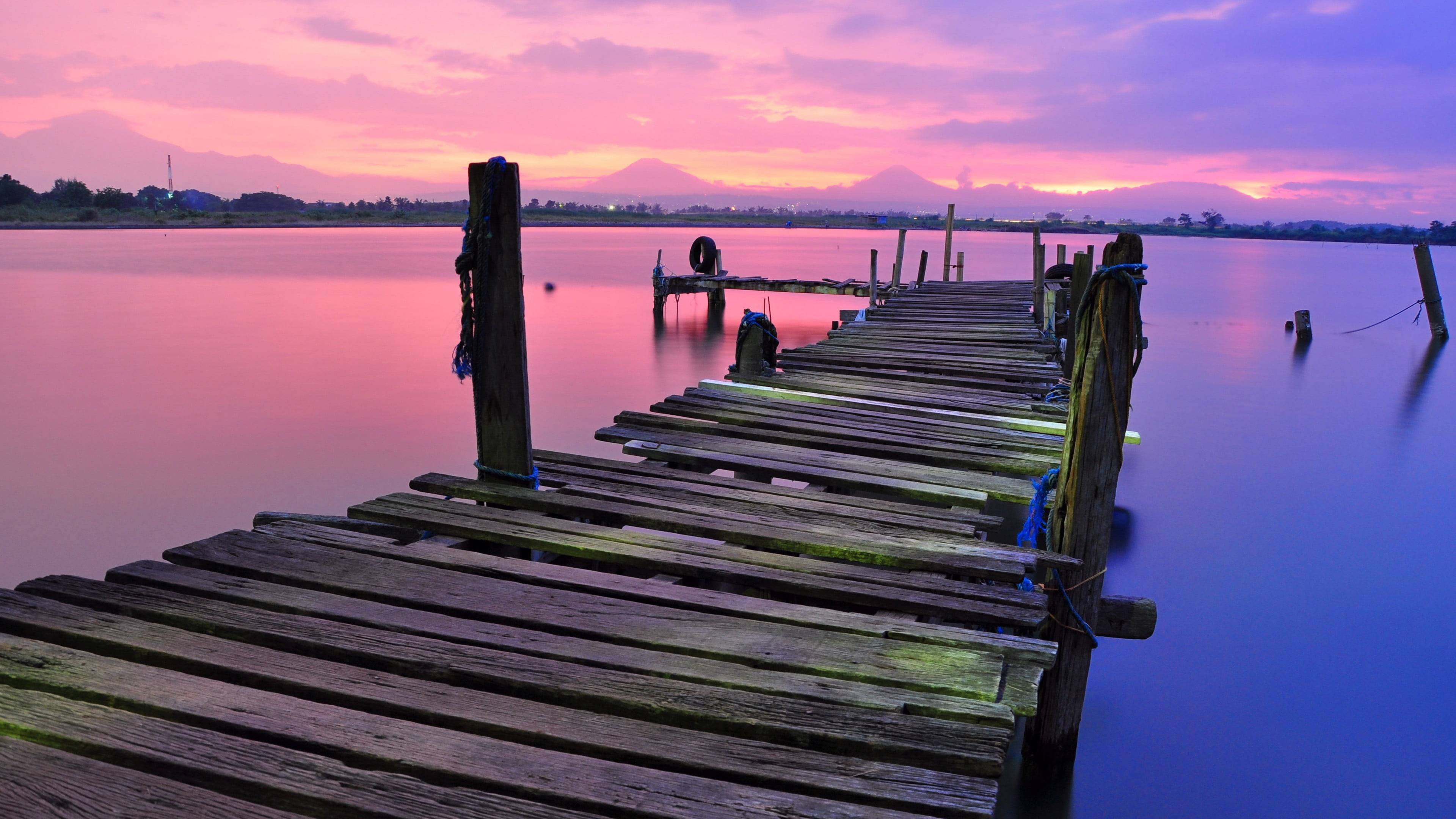jetty, water, reflection, tranquility, nature, pier, outdoors, sky, scenics - nature, cloud - sky, idyllic, post, sunset, brown, wooden, purple, tranquil scene, HD Wallpaper