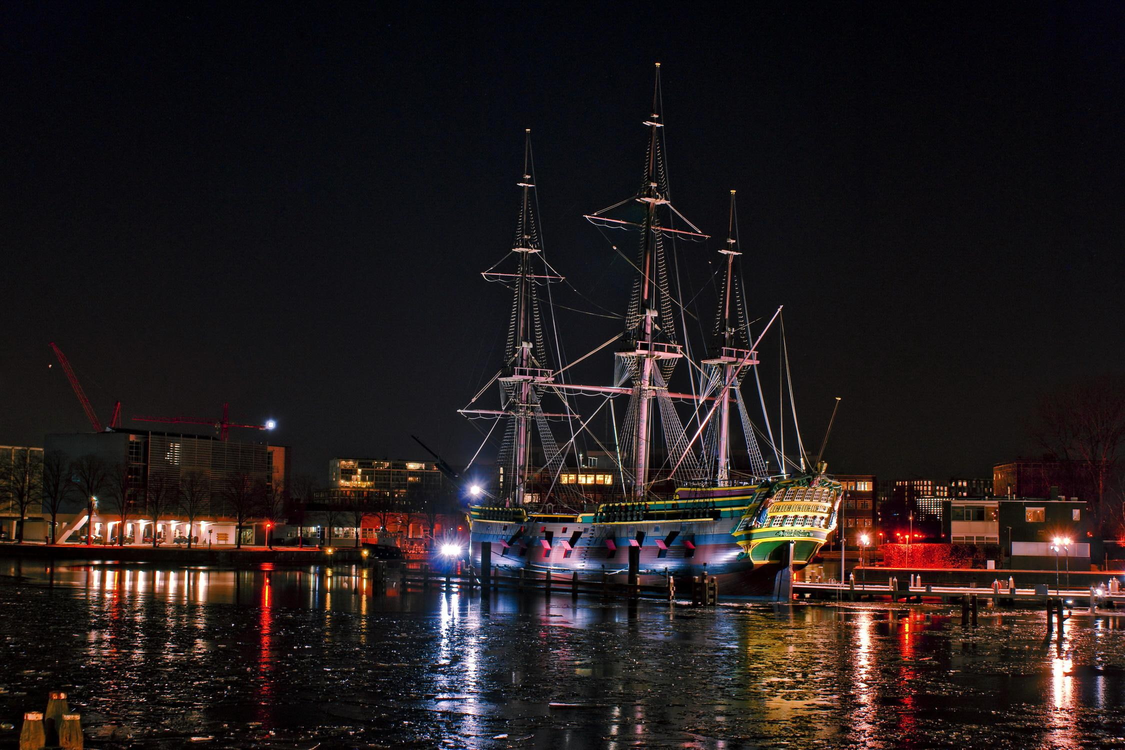 night, dock, mast, boat, classic, sailboat, 1080P, mooring, water, wood, reflection, vintage, ship, antique, time, HD Wallpaper