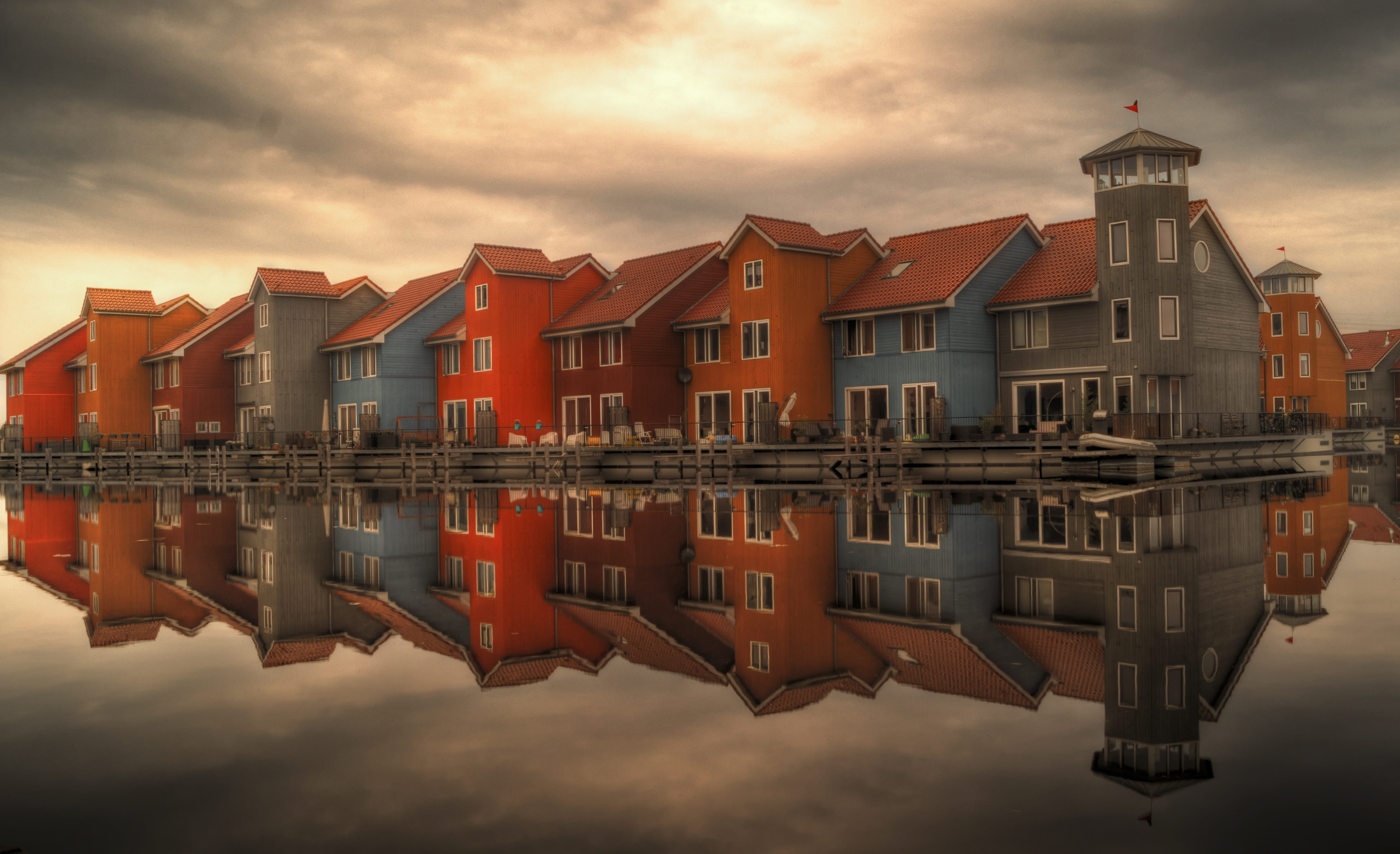 dutch, city, blue, nautical vessel, sky, nature, cloud - sky, houses, 5K, near, water, building exterior, symmetry, groningen, apartments, built structure, HD Wallpaper