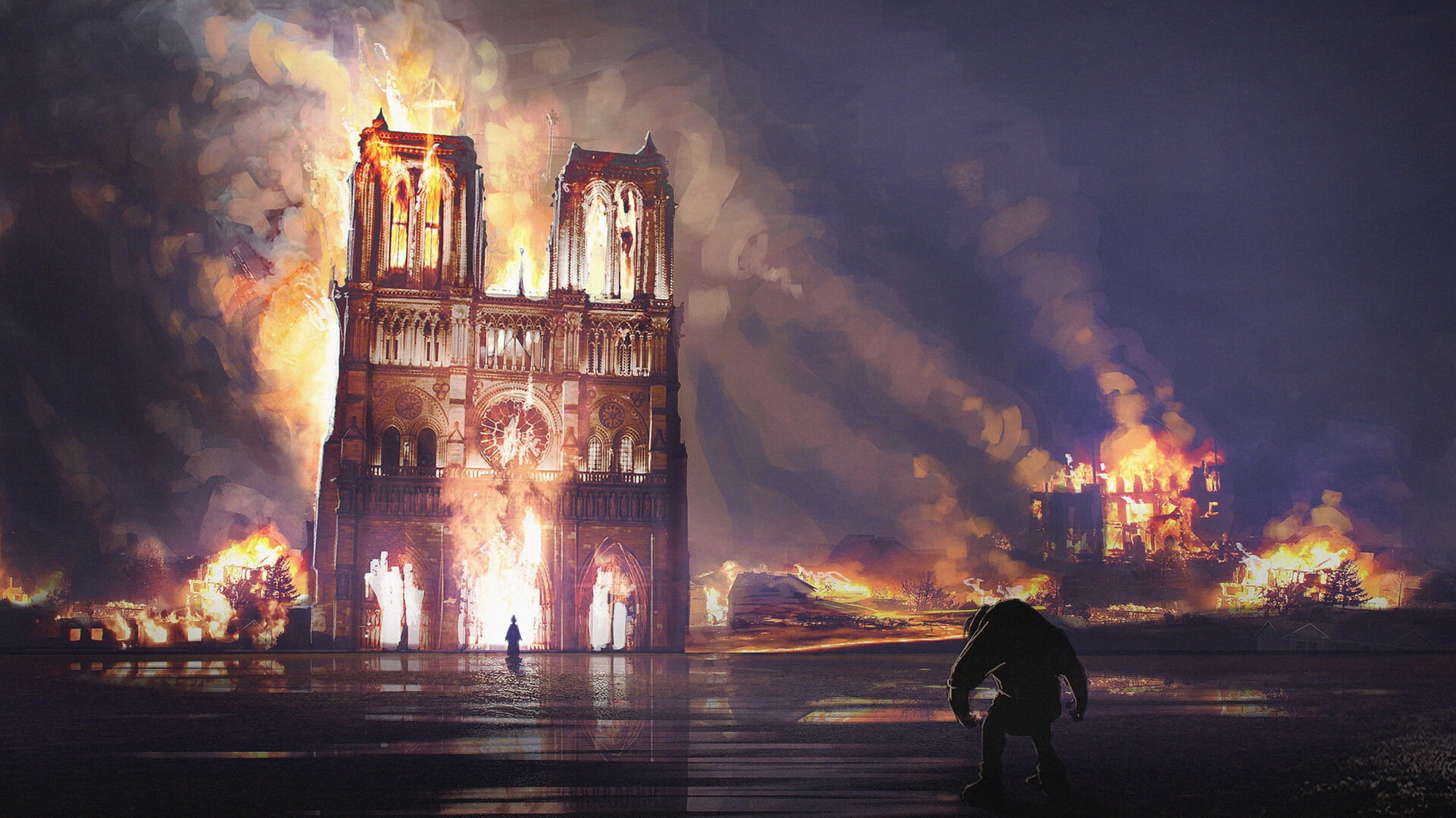 France, 1080P, artwork, fire, burning, Notre-Dame, HD Wallpaper