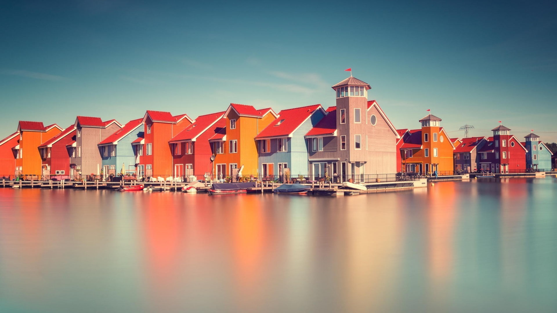 1080P, water, architecture, clouds, Europe, boat, window, building, colorful, pier, reflection, Netherlands, calm, house, long exposure, HD Wallpaper
