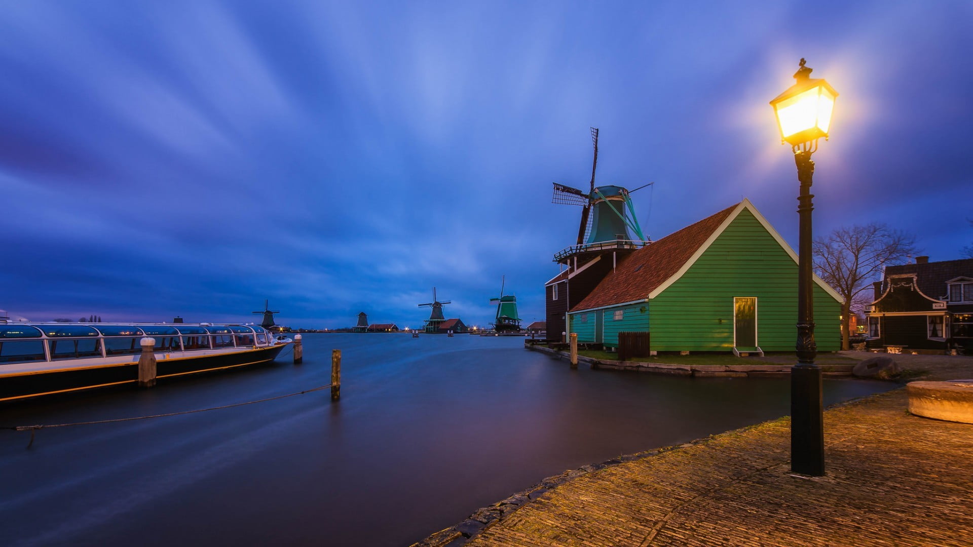 turbine, house, green, Netherlands, lamp, lighting equipment, landscape, nature, lights, cloud - sky, evening, built structure, dusk, long exposure, wind turbine, HD Wallpaper