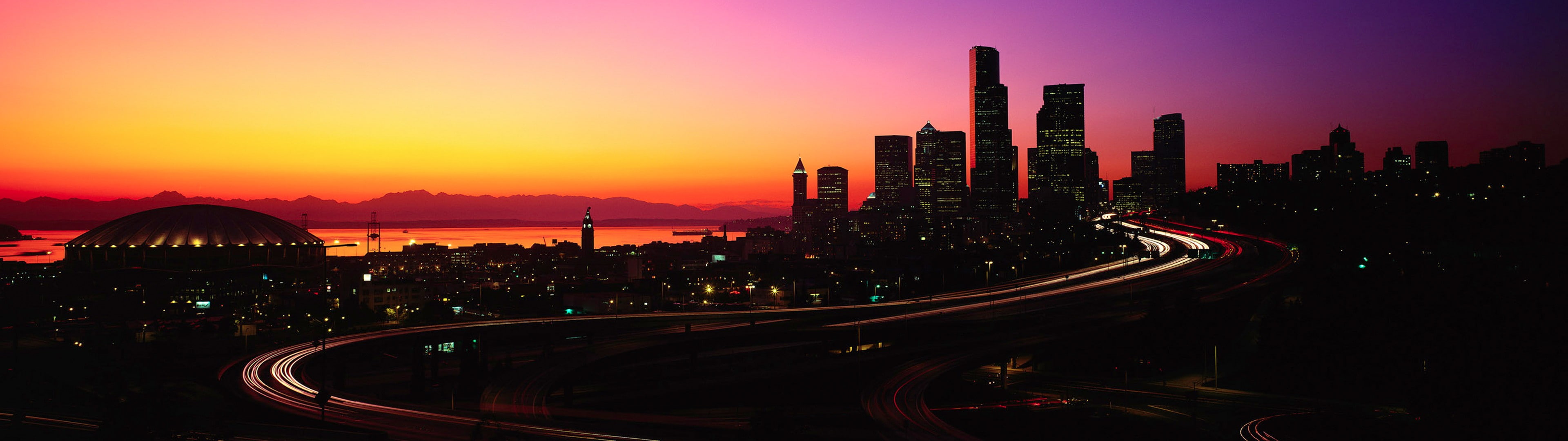 sky, transportation, Seattle, urban skyline, multiple display, skyscraper, street, sunlight, multiple lane highway, landscape, illuminated, building, cityscape, HD Wallpaper