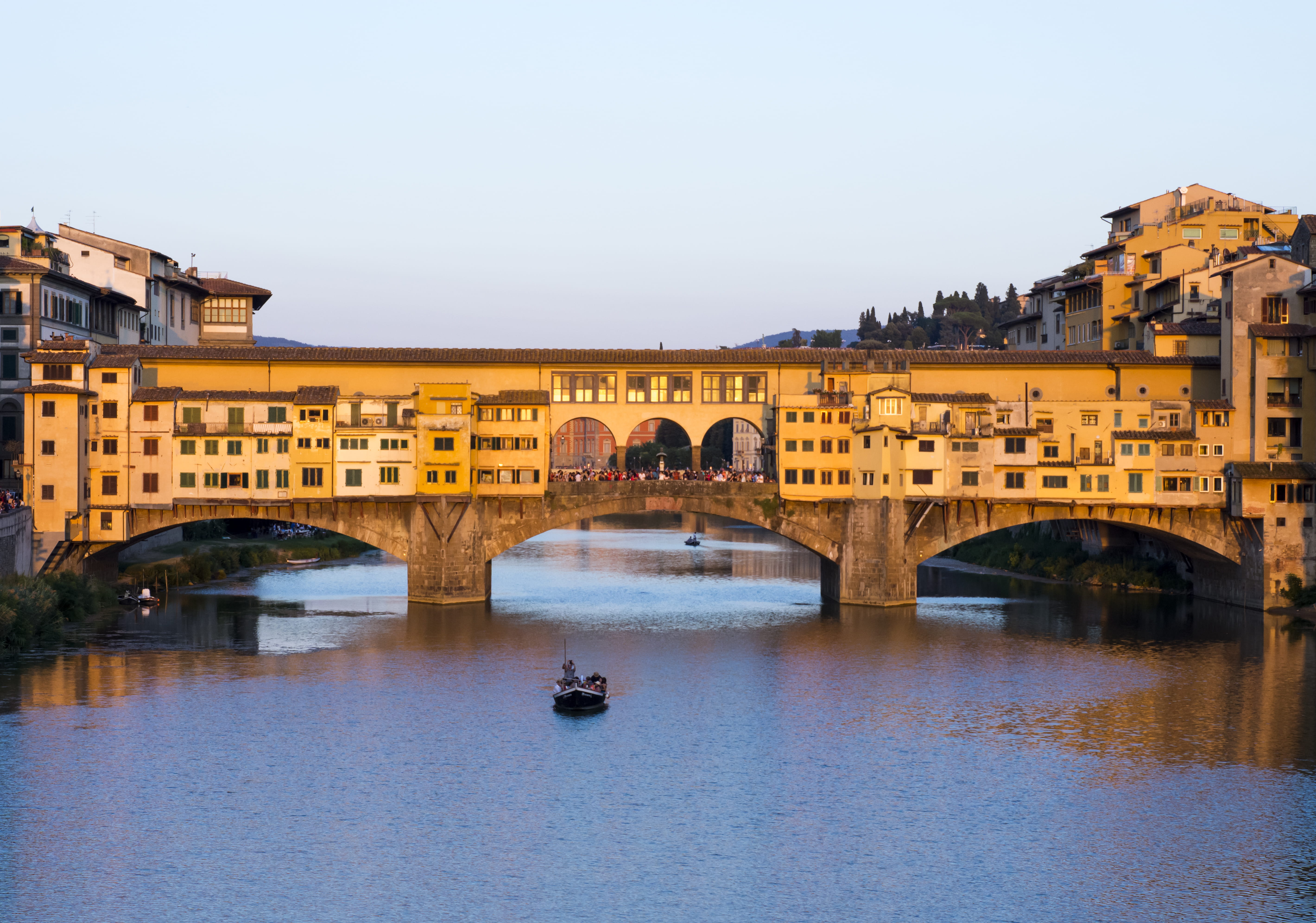 arch bridge, river, ponte vecciho, built structure, boat, italy, outdoors, travel destinations, travel photography, nautical vessel, old bridge, transportation, HD Wallpaper