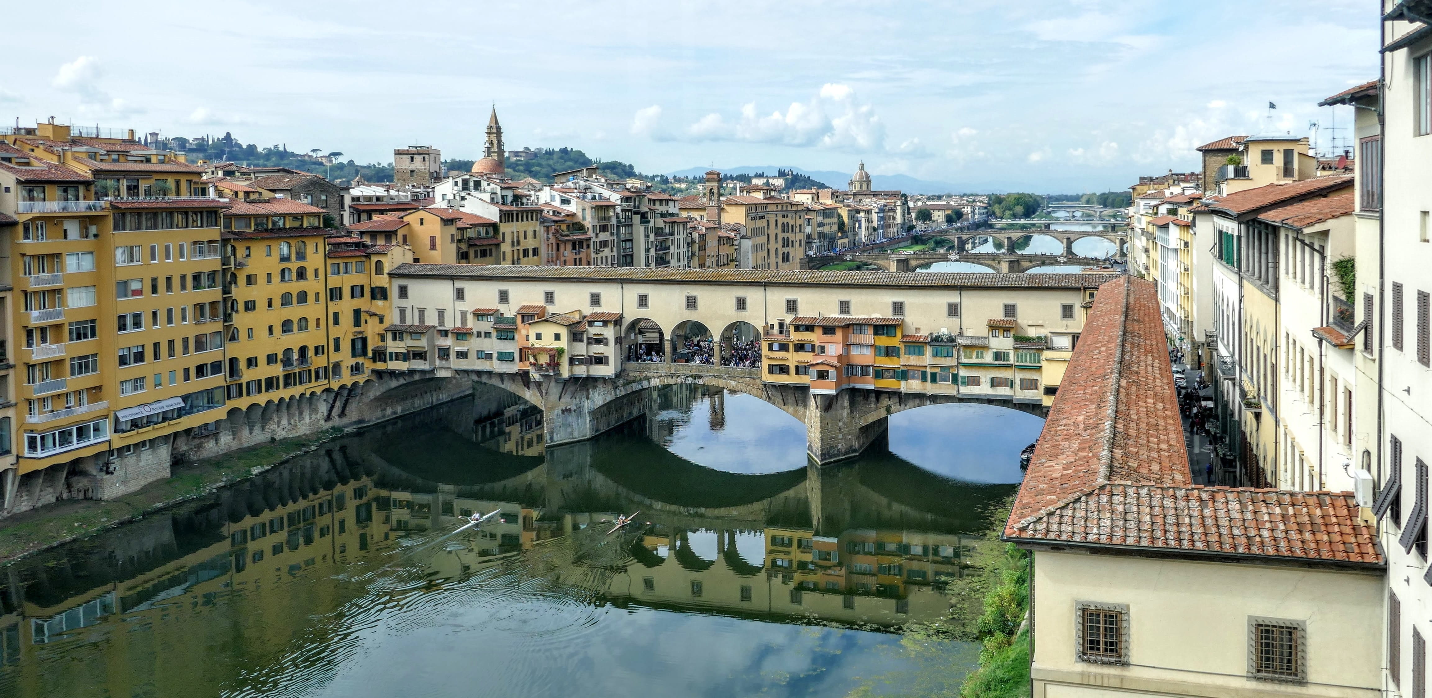 built structure, arno river, transportation, arch bridge, canal, ponte vecchio, residential district, florence, nature, outdoors, bridge - man made structure, HD Wallpaper