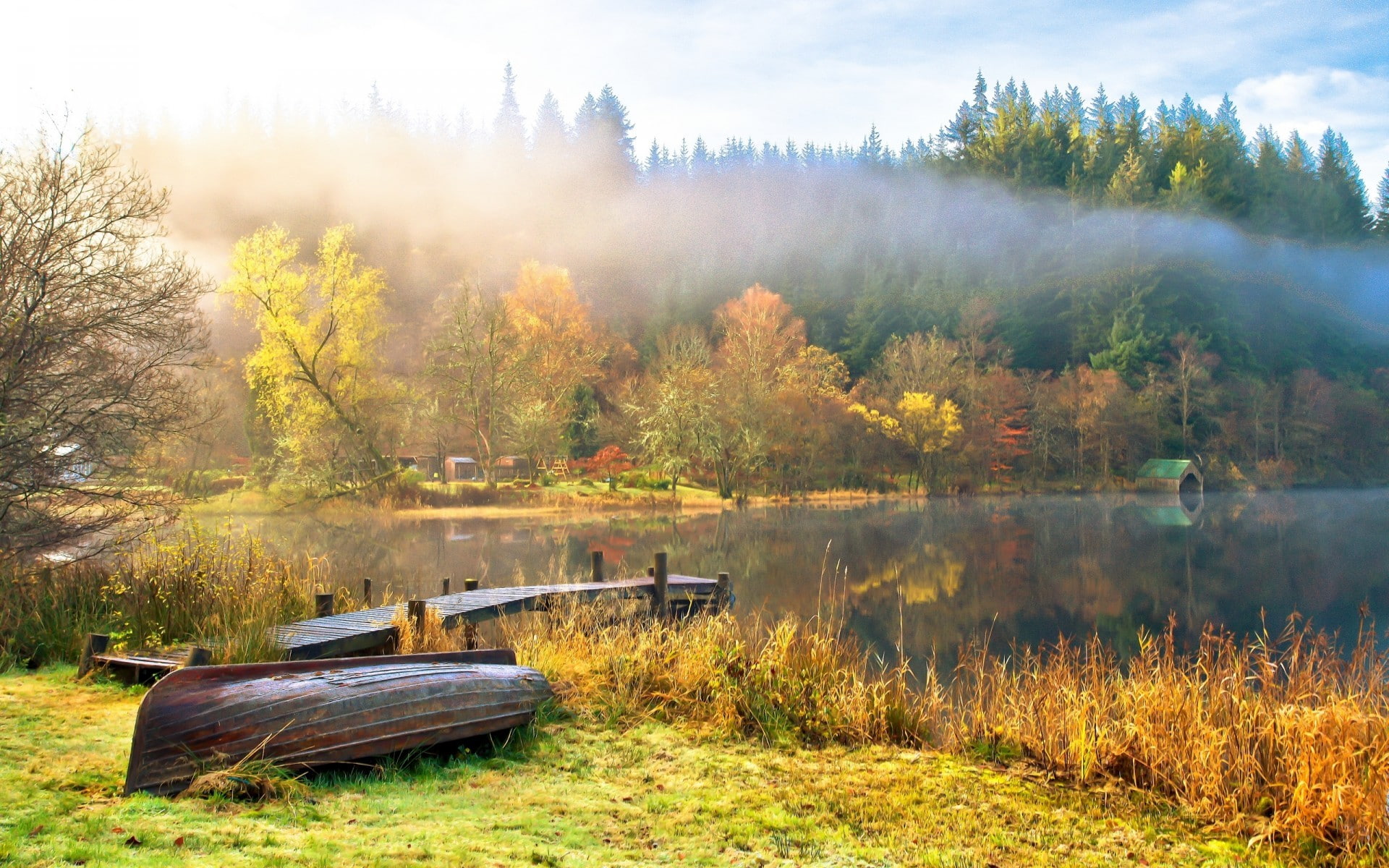 nature, fall, landscape, lake, mist, boat, pier, 1080P, HD Wallpaper