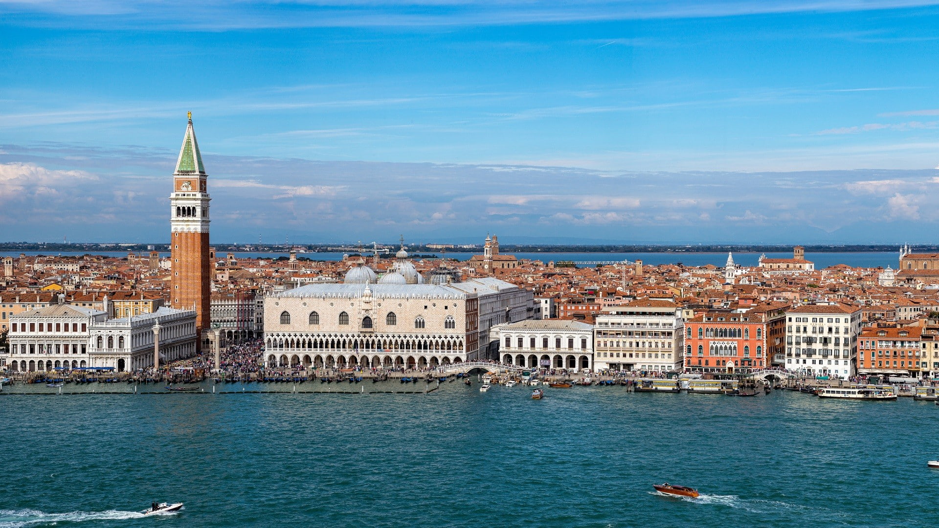 architecture, sky, city, building, water, tower, nature, travel, tourism, outdoors, 1080P, Italy, sea, building exterior, waterfront, no people, mode of transportation, HD Wallpaper