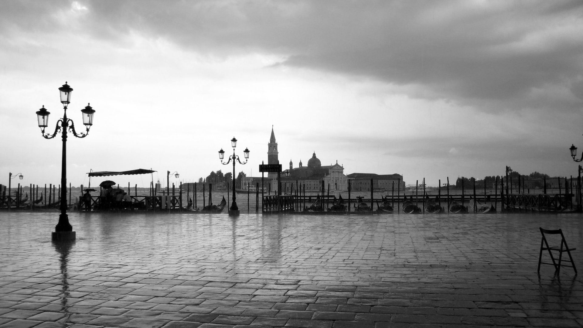 water, city, Venice, photography, building, 1080P, rain, monochrome, HD Wallpaper