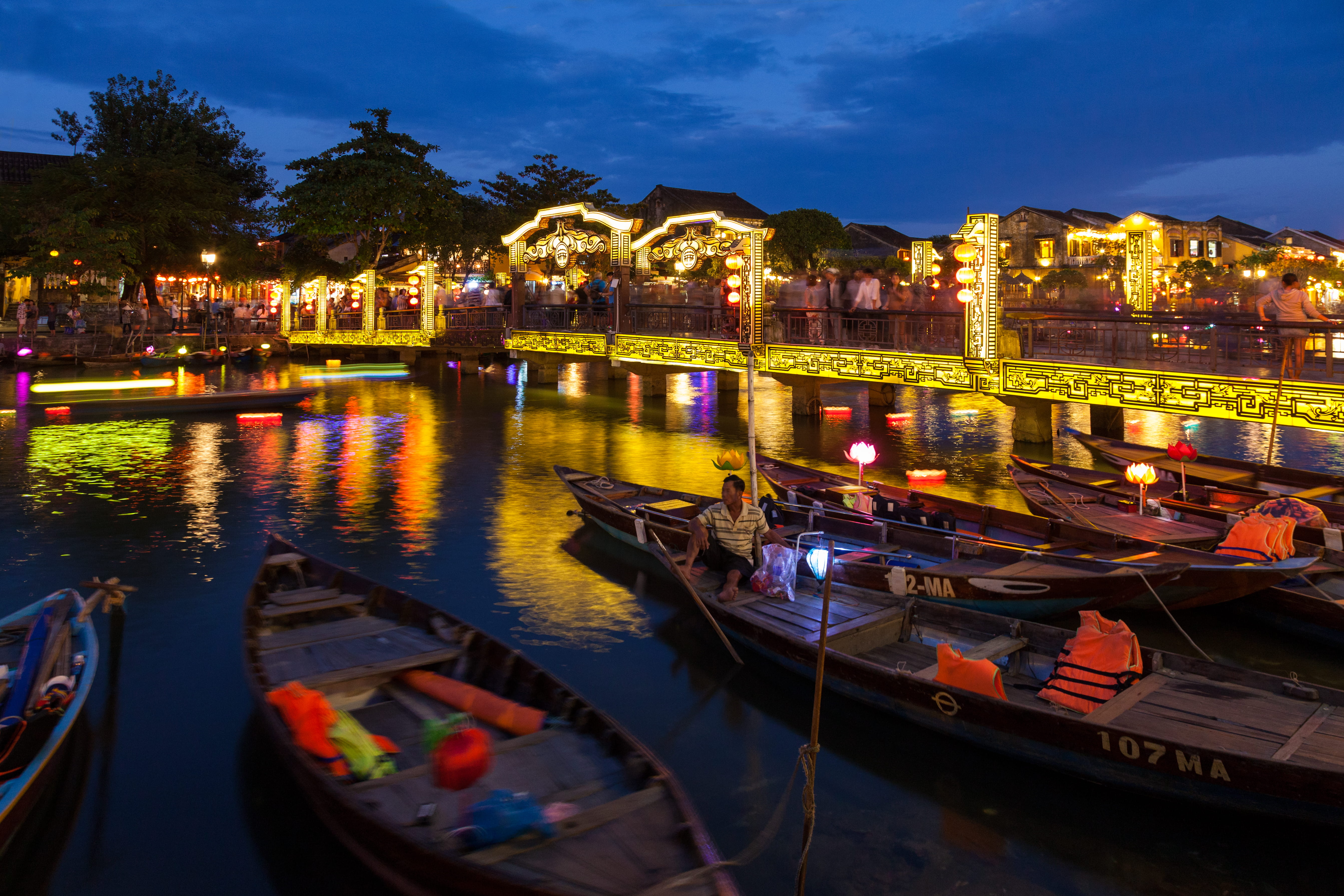 canal, water, building exterior, dusk, night, transportation, port, dock, hoi an, architecture, watercraft, illuminated, bridge, reflection, pier, vessel, HD Wallpaper