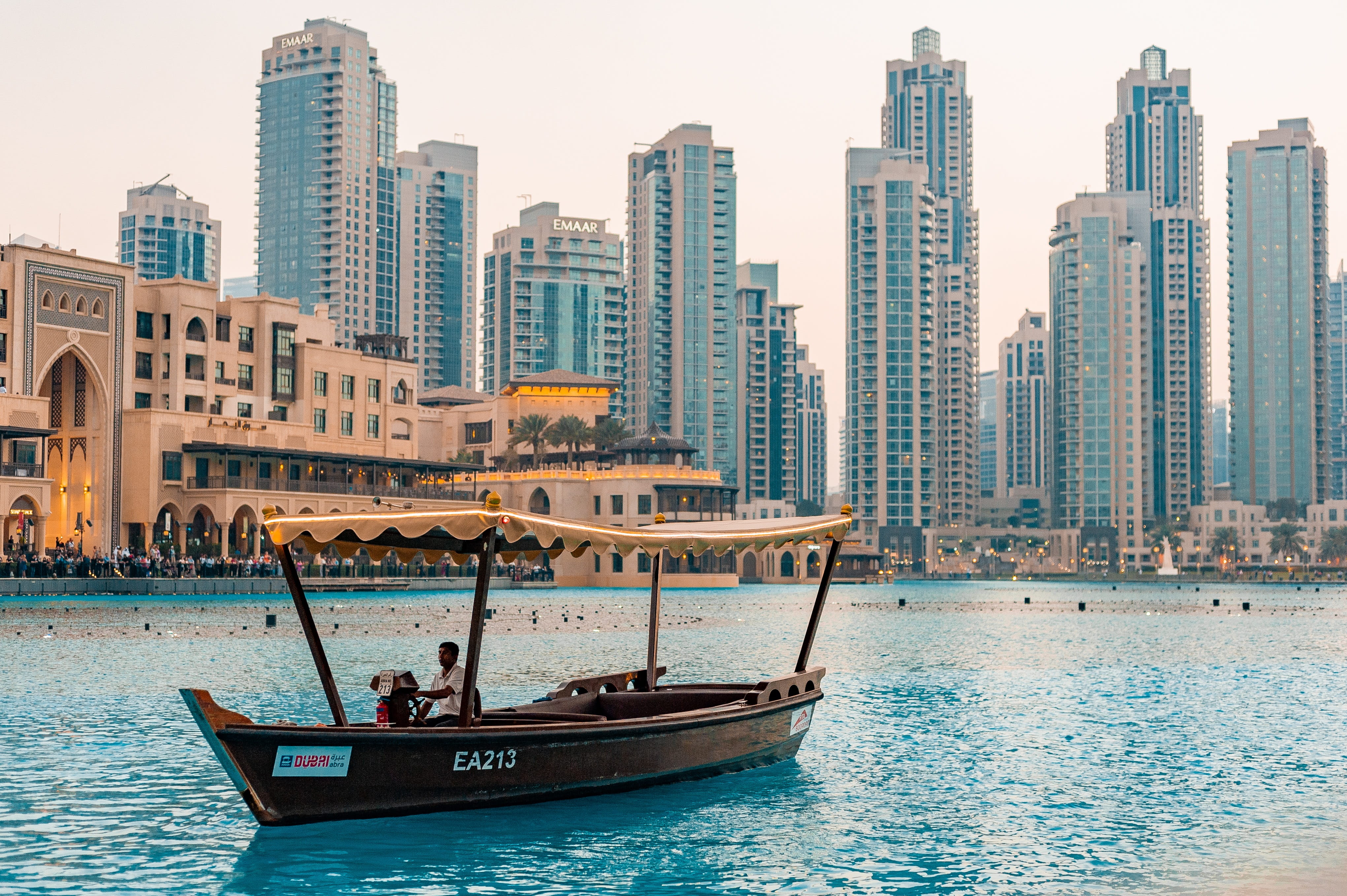 evening, nature, passenger craft, water, outdoors, building, built structure, sky, travel, gondola - traditional boat, building exterior, cityscape, uae, HD Wallpaper