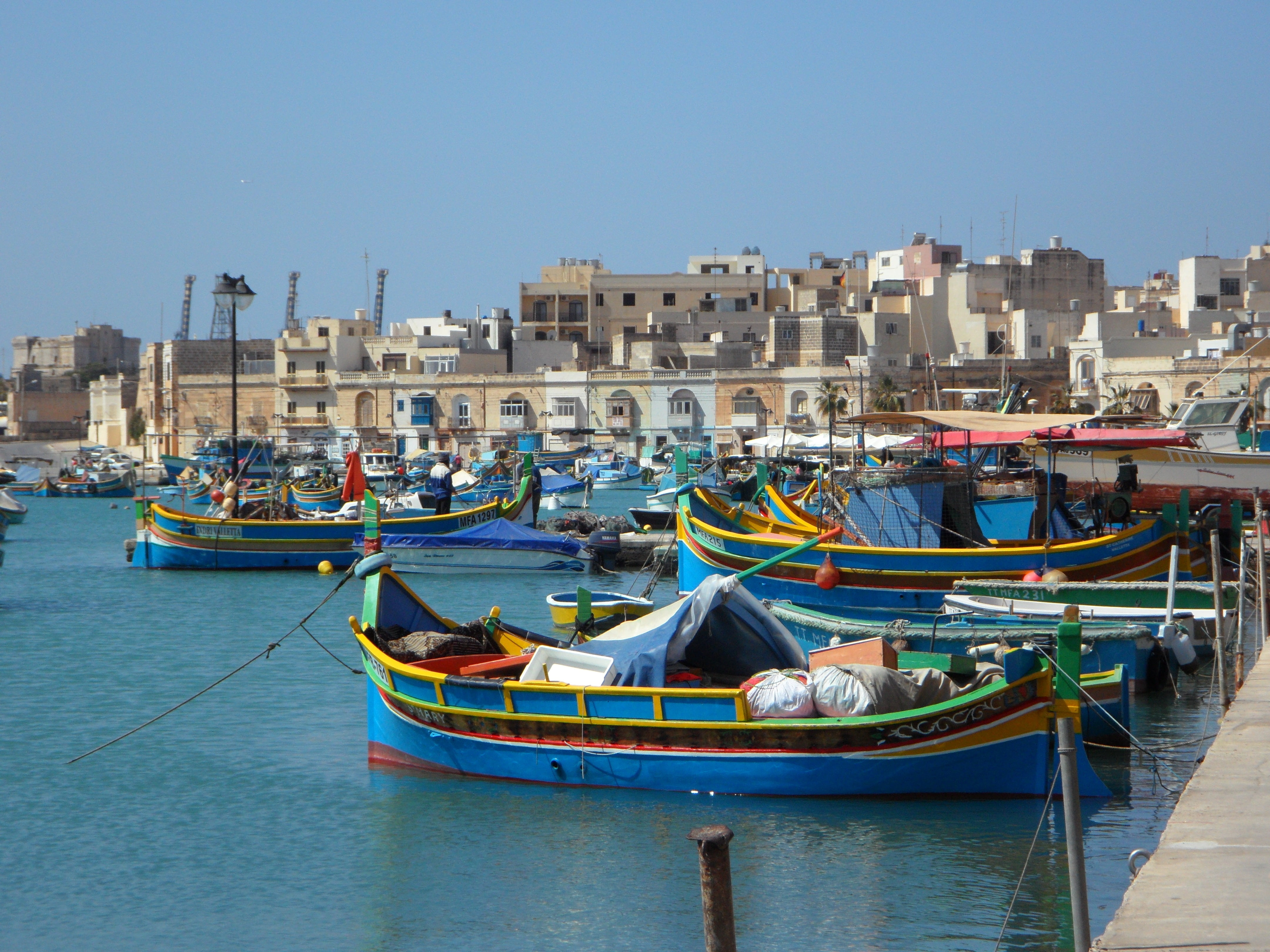 no people, city, picturesque, marsaxlokk, mode of transportation, outdoors, water, day, colorful, malta, 4K, architecture, luzzu, clear sky, transportation, HD Wallpaper