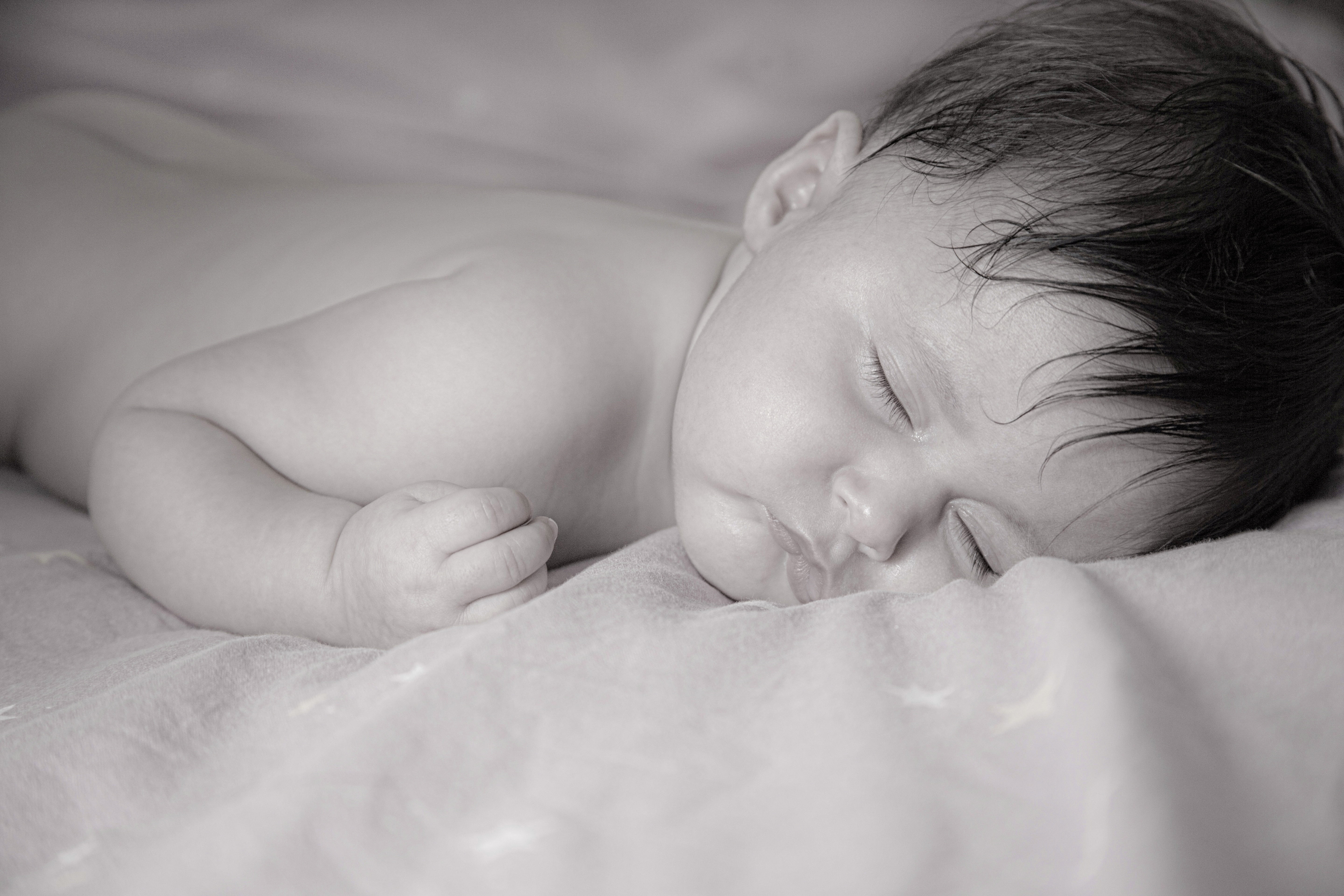 body part, child, furniture, positive emotion, black white, surface, newborn, sleep, sleeping, innocence, face, human body part, grayscale, small child, HD Wallpaper