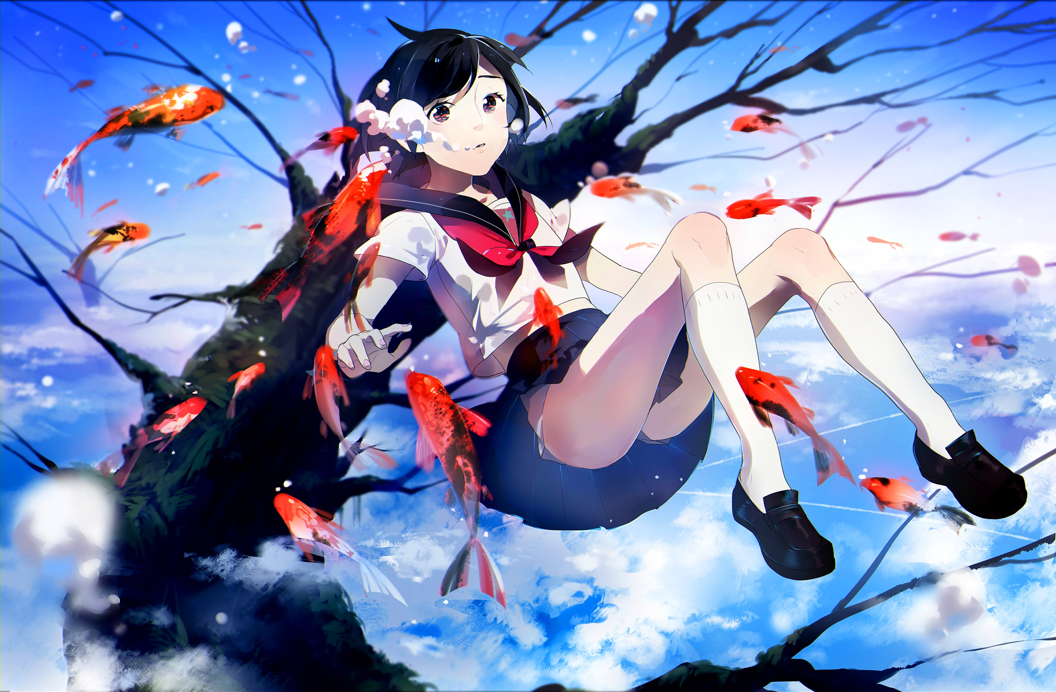 anime girls, 2K, fish, cloud - sky, nature, sky, celebration, white color, outdoors, low angle view, tree, one person, blue, women, school uniform, plant, HD Wallpaper