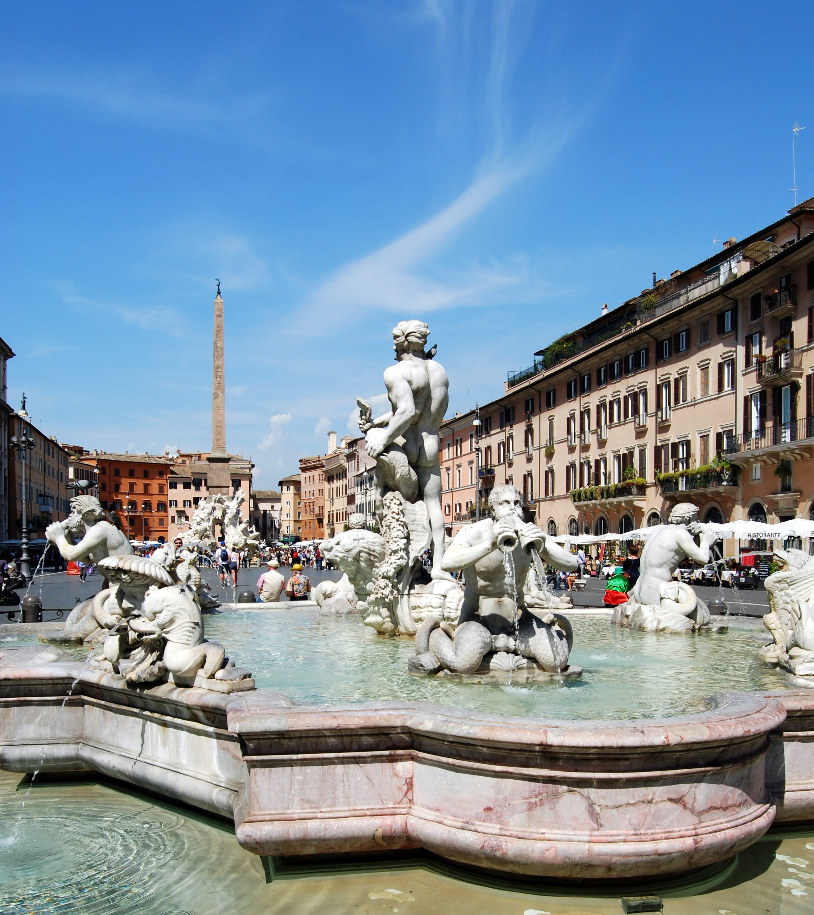 Triton, architecture, Rome, sculpture, day, marble, craft, 2K, sky, travel destinations, art and craft, creativity, statue, water, fountain, Fontana Del Moro, Phone HD Wallpaper