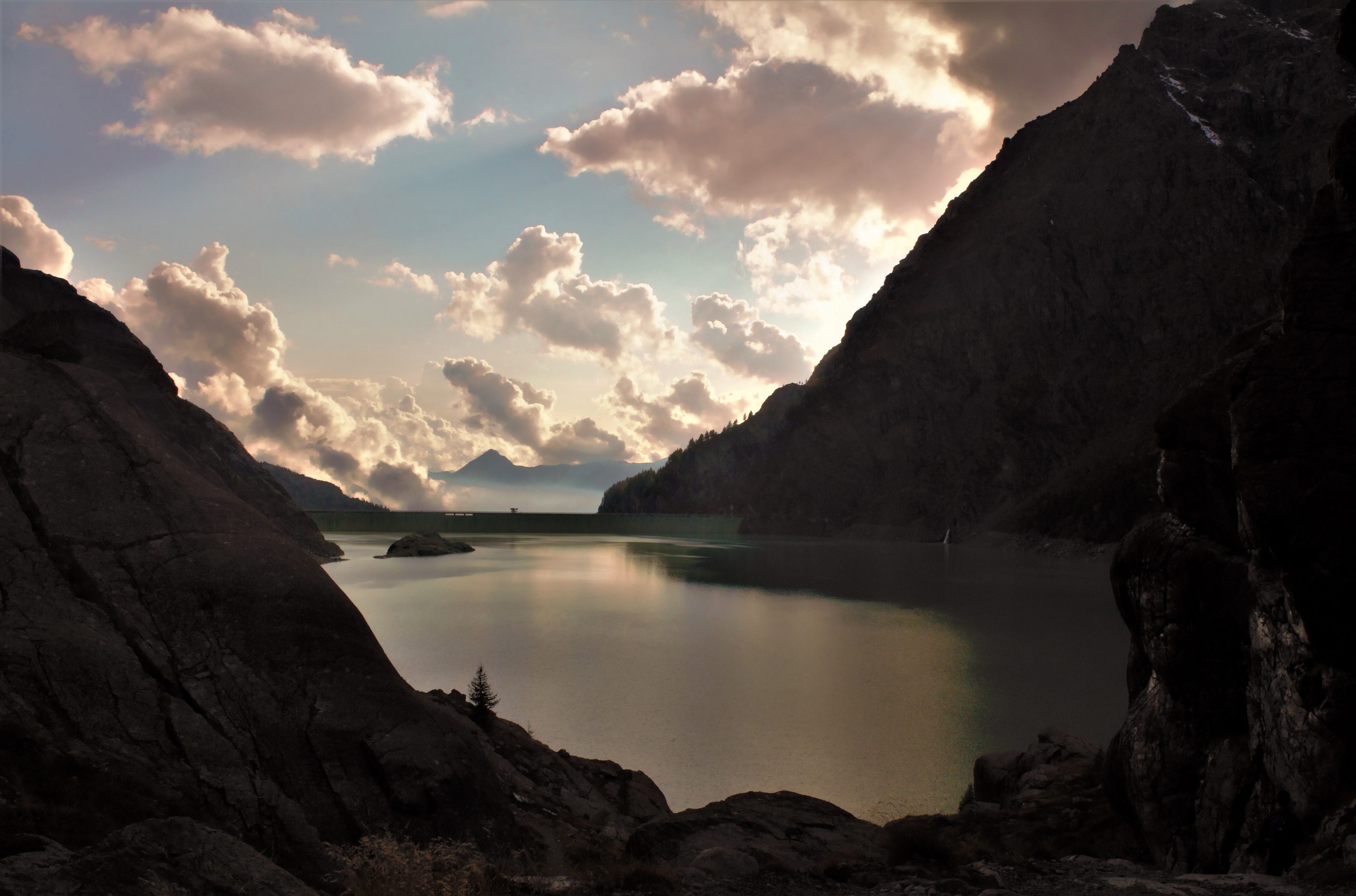 beauty in nature, sunset, tranquility, paths, valtellina, hiking, lake, lagoon, scenics - nature, landscape, sky, solid, tranquil scene, rock - object, HD Wallpaper