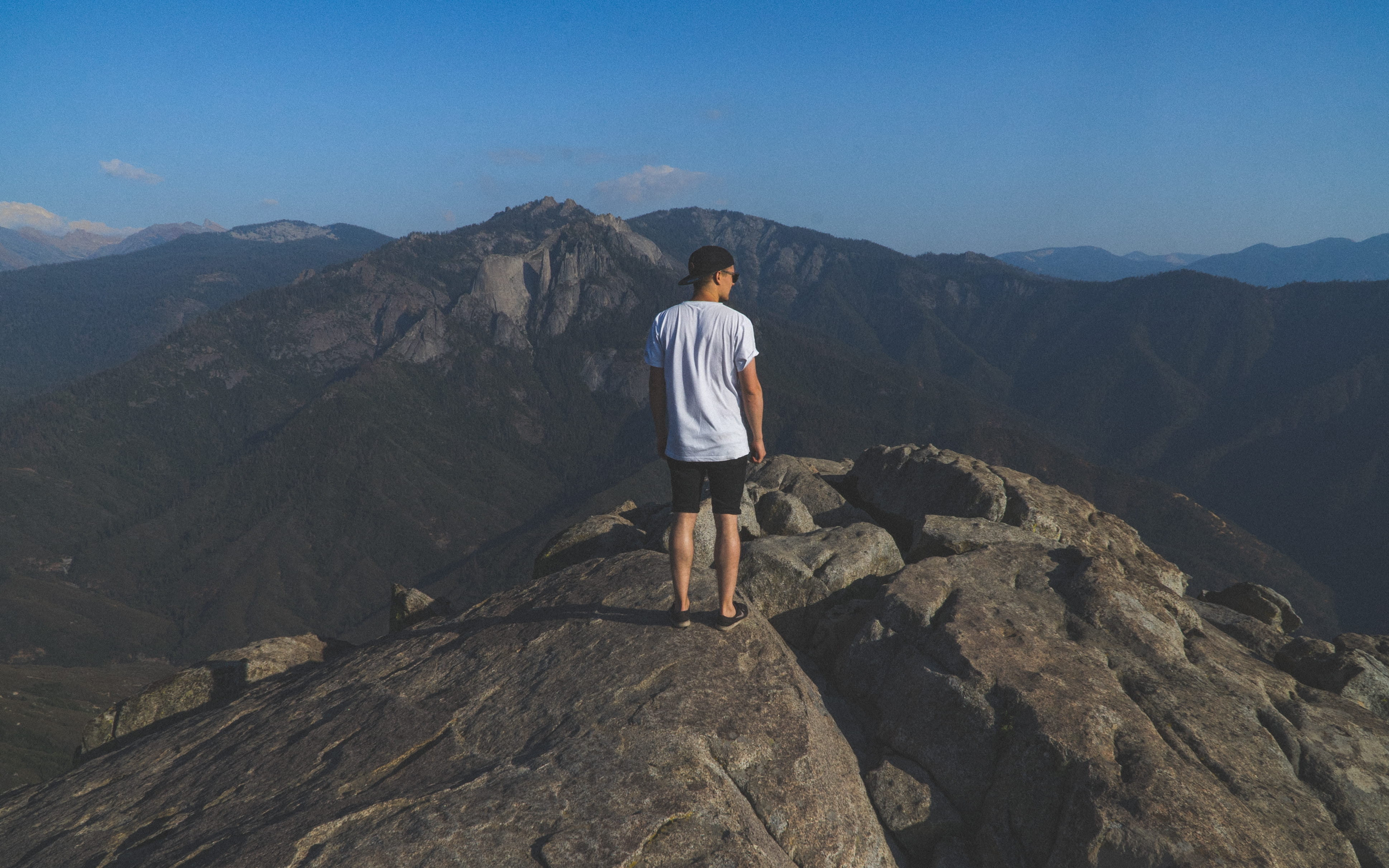 rock - object, outdoors, tranquility, mountain, leisure activity, shorts, real people, scenics - nature, walking, sequoia, one person, hiking, vacations, HD Wallpaper