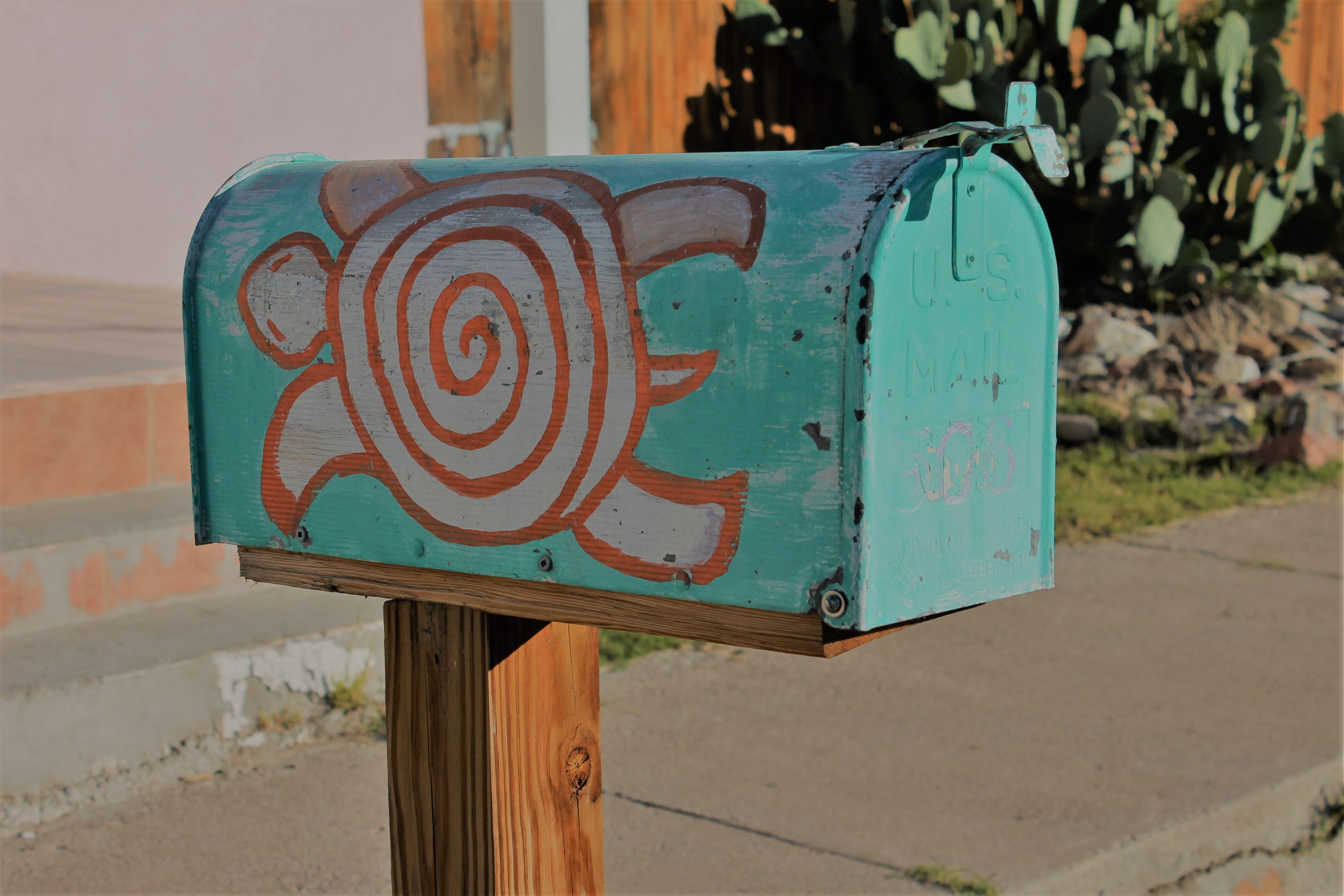sidewalk, postal, white, close-up, focus on foreground, painted turtle, painted mailbox, wooden post, land, card, communication, town, antique, antique mailbox, HD Wallpaper