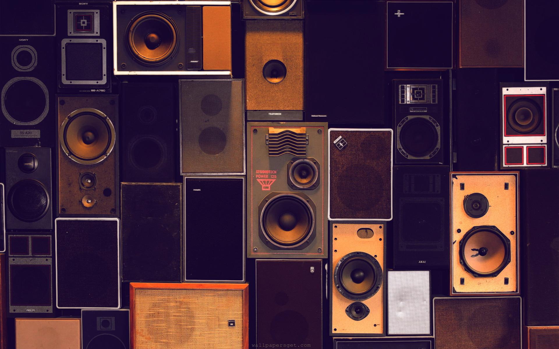 photography, speakers, 1080P, artifacts, electronics, vintage, collection, music, tunes, sound, cones, HD Wallpaper
