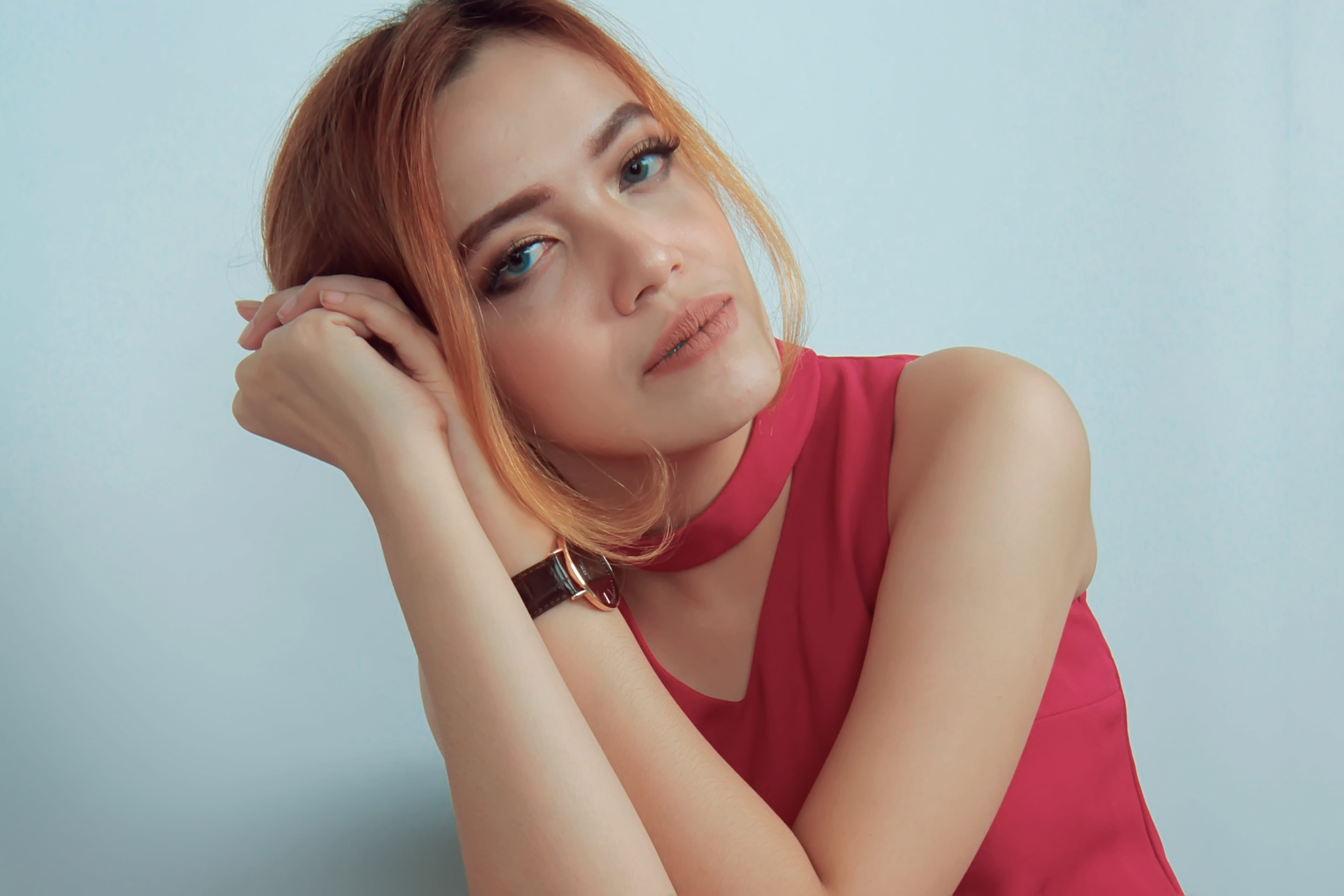 4K, young, hair, one person, looking, top, pretty, attractive, red, beauty, female, sleeveless, lips, beautiful woman, studio shot, young women, adult, HD Wallpaper