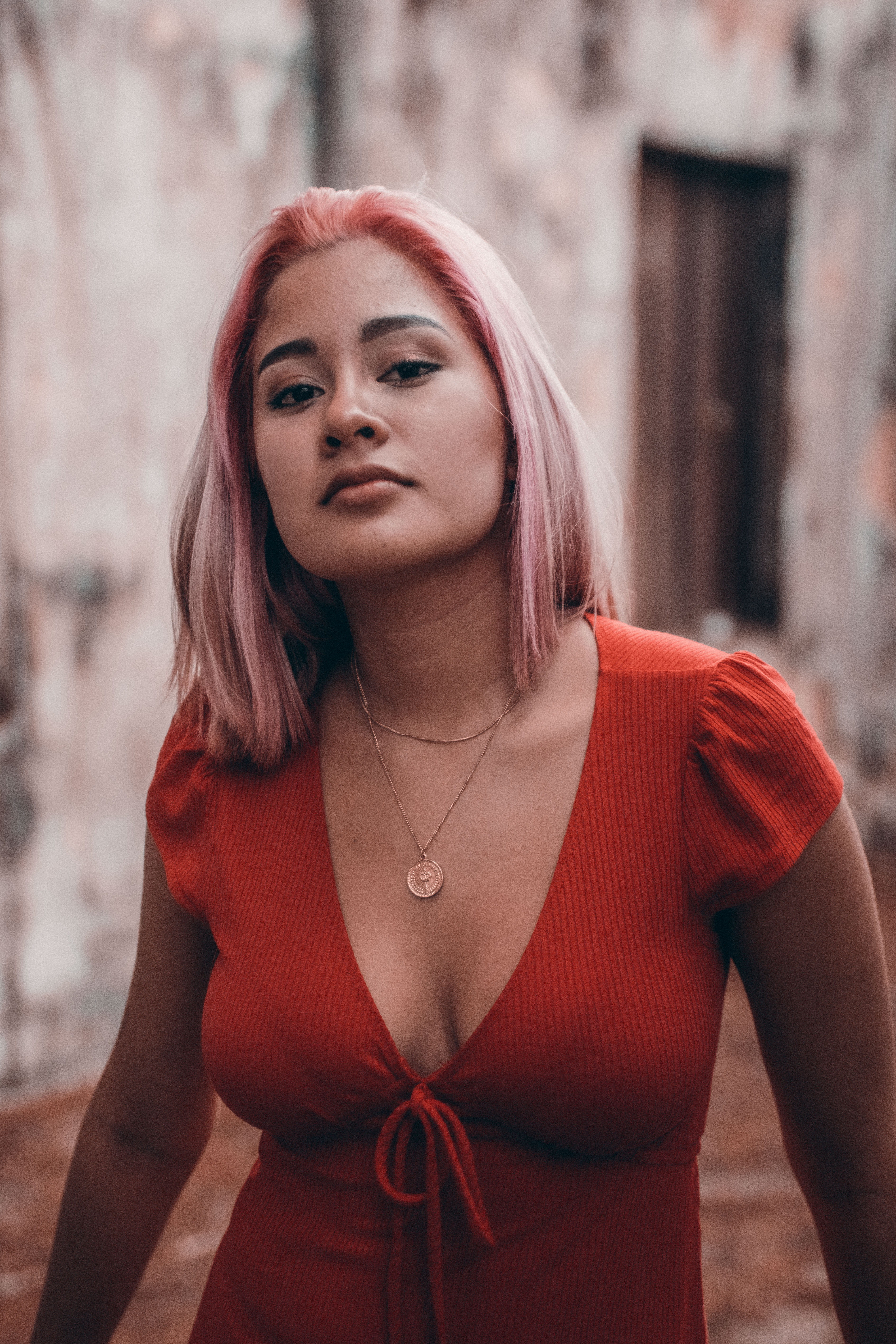 portrait, neck, lifestyles, dyed hair, looking at camera, standing, blurred background, photoshoot, daylight, pink, hairstyle, eyes, colors, waist up, wear, Phone HD Wallpaper