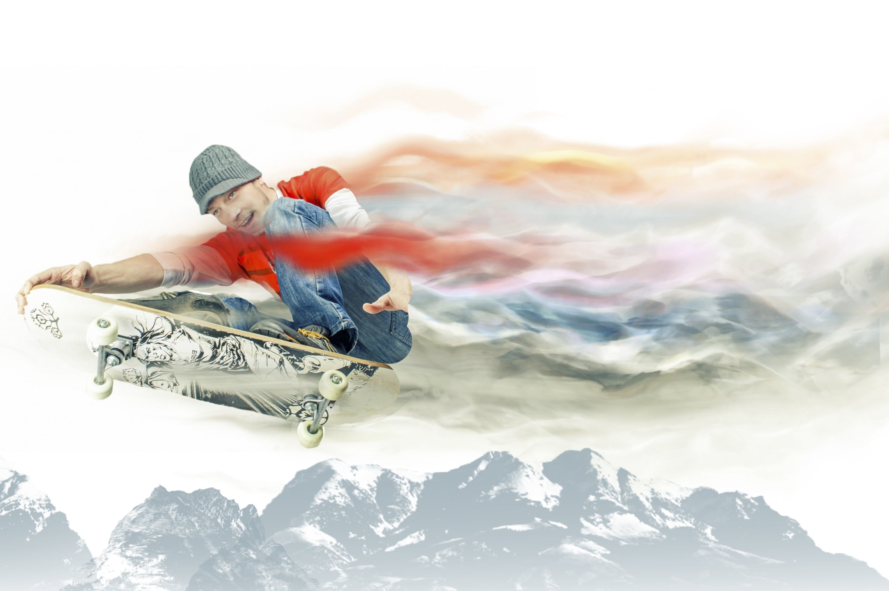 stunt, beauty in nature, sitting, one, caucasian, skateboarder, sky, edited, fun, enhanced, leap, mountain peak, man, skateboards, men, winter, vacations, HD Wallpaper