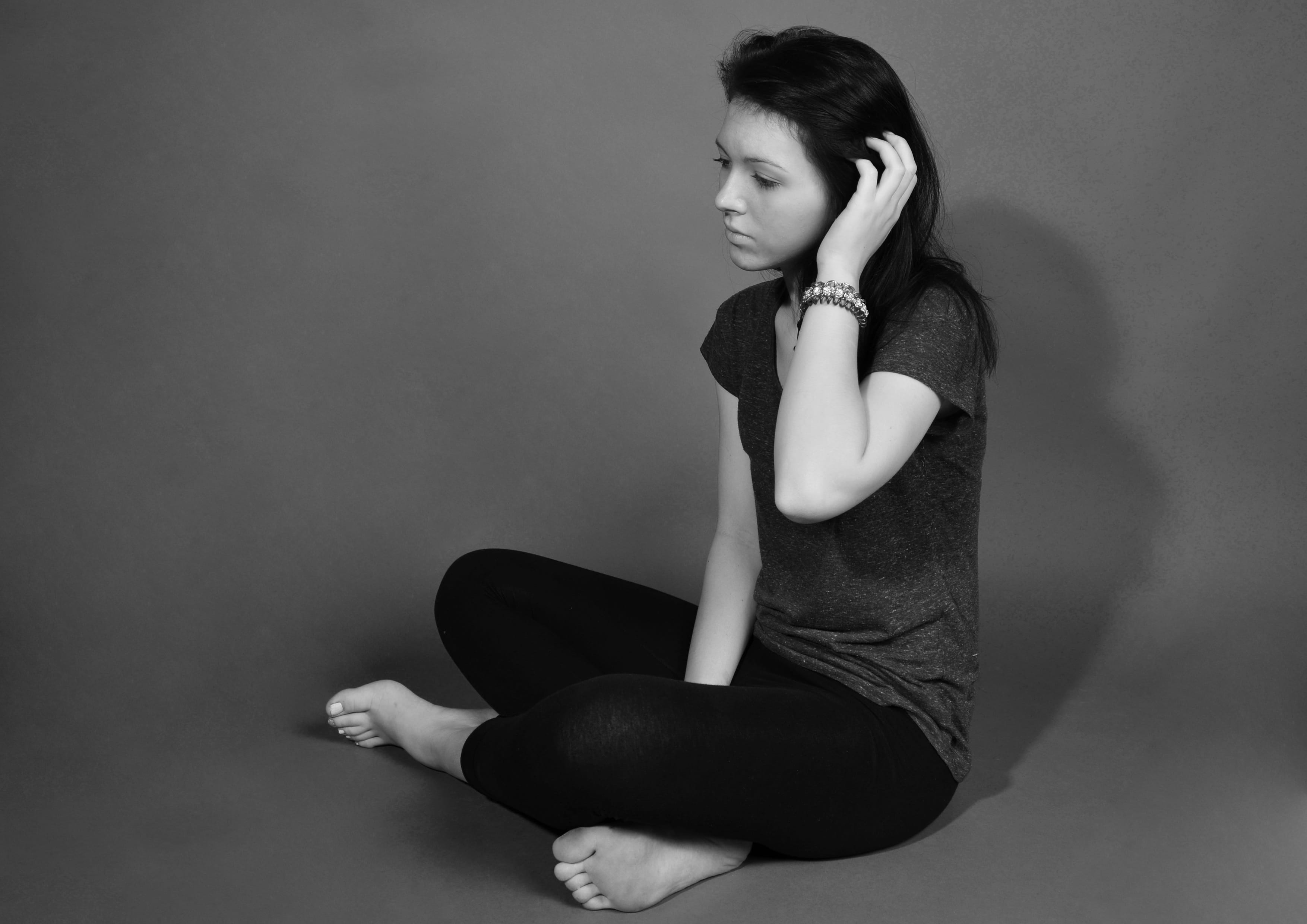 wearing, indoors, hairstyle, young adult, 2K, black, scoop, neck, only women, black and white, casual clothing, woman, adults only, sad, one woman only, HD Wallpaper