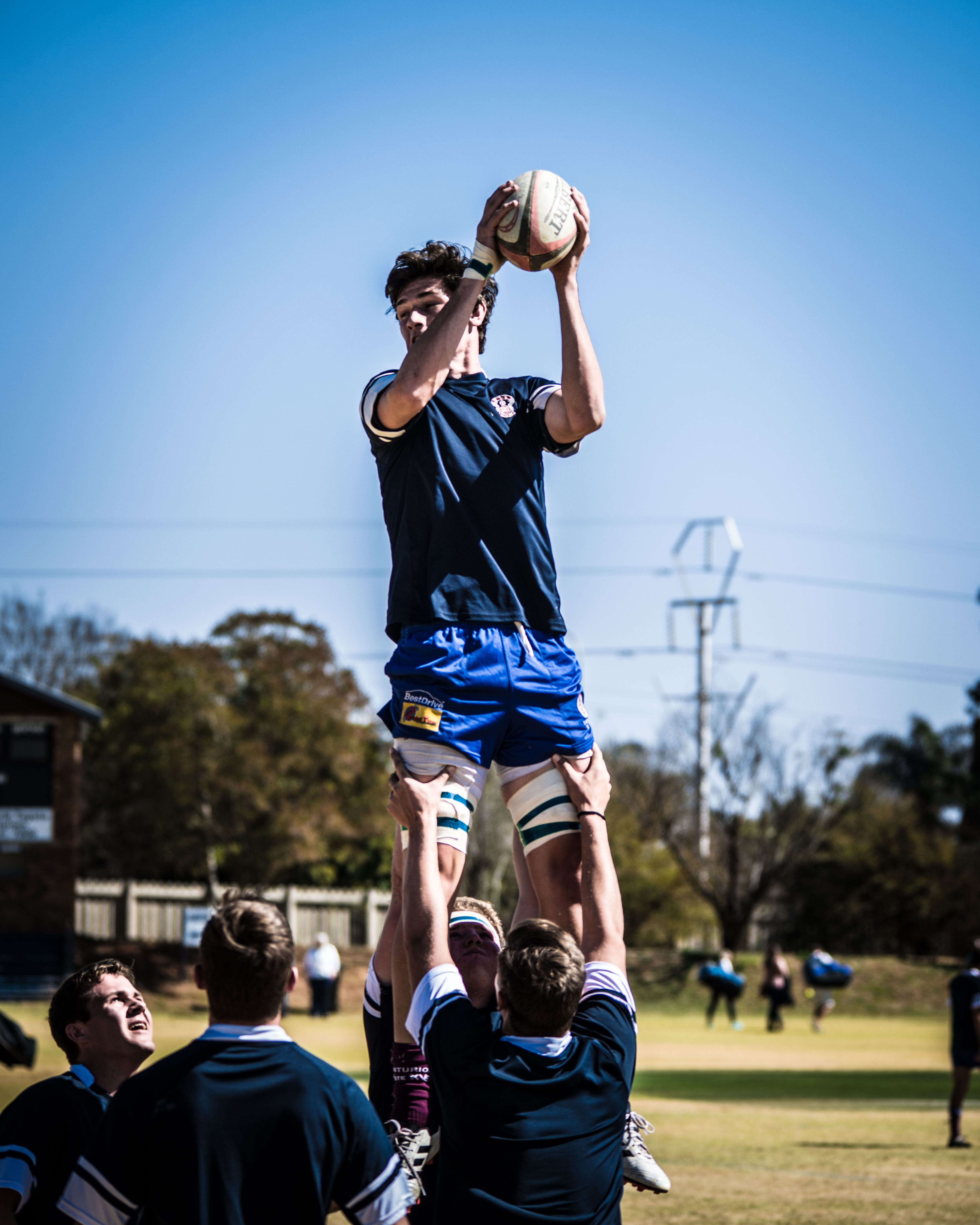 men, post, ball, competition, standing, athletes, two, young adult, group of people, effort, outdoors, nature, uniform, rugby, blue, action energy, daytime, Phone HD Wallpaper
