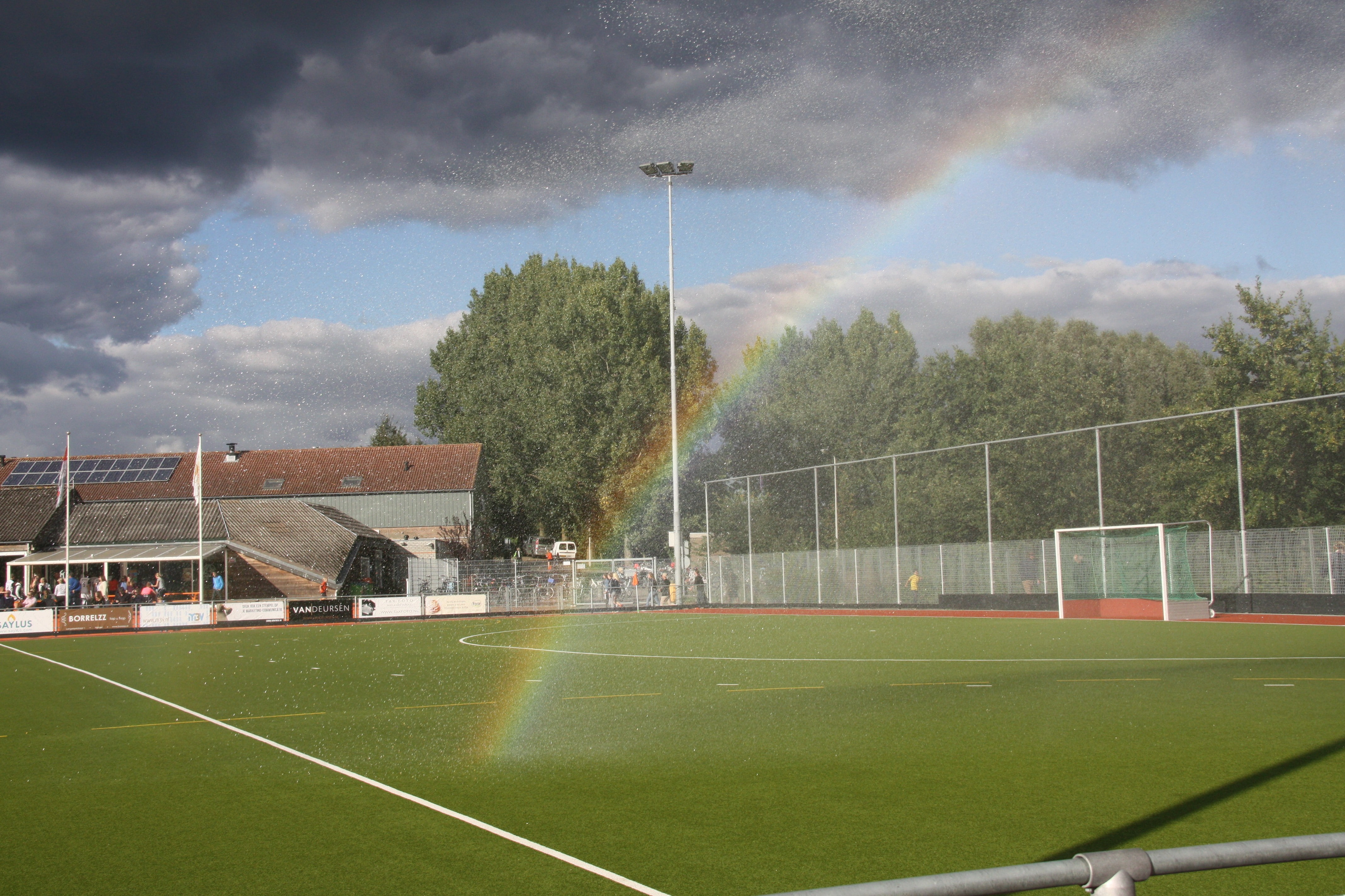 4K, day, nature, soccer field, plant, architecture, rainbows, soccer, sport, no people, cloud - sky, sky, green color, outdoors, field hockey, grass, building exterior, HD Wallpaper