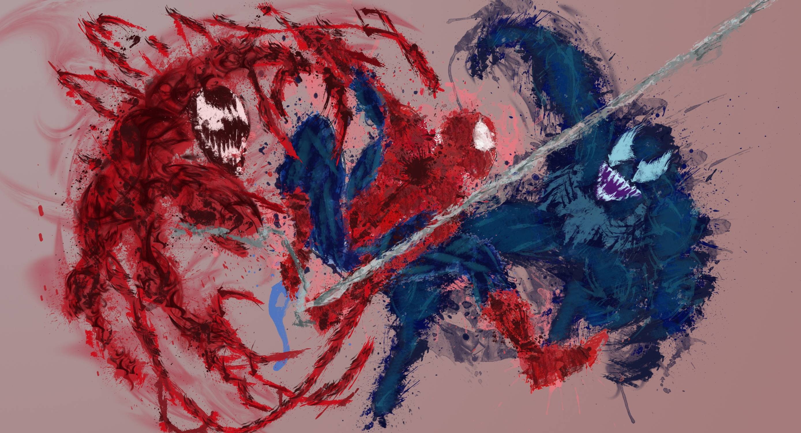 no people, blue, craft, indoors, paintings, dirty, carnage, art and craft, spiderman, full frame, pattern, 2K, hd, red, multi colored, paint, venom, acrylic painting, HD Wallpaper
