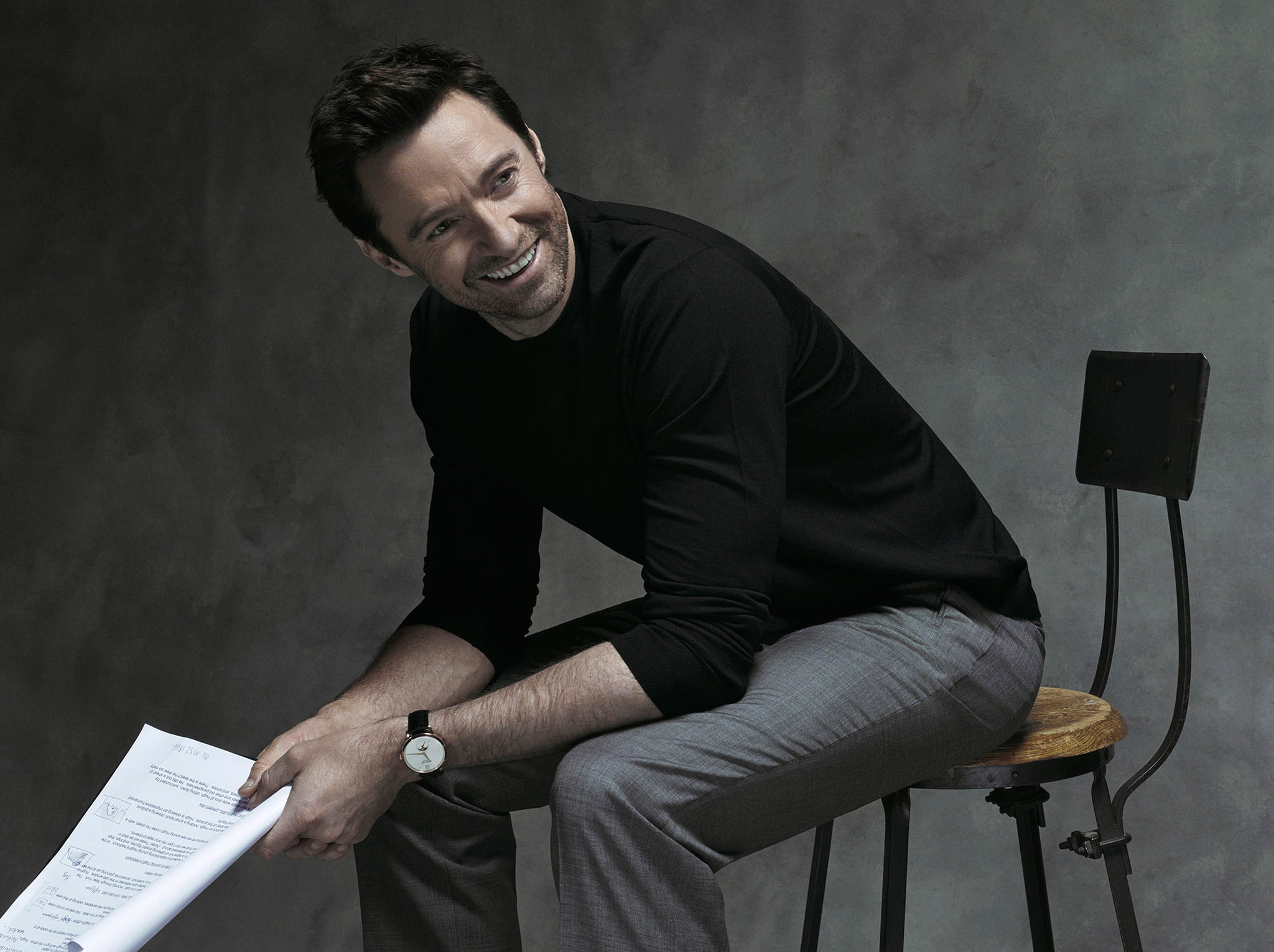 Gilles-Marie Zimmermann, chair, Montblanc, actor, advertising, smile, Hugh Jackman, photoshoot, 1080P, photographer, brand, HD Wallpaper