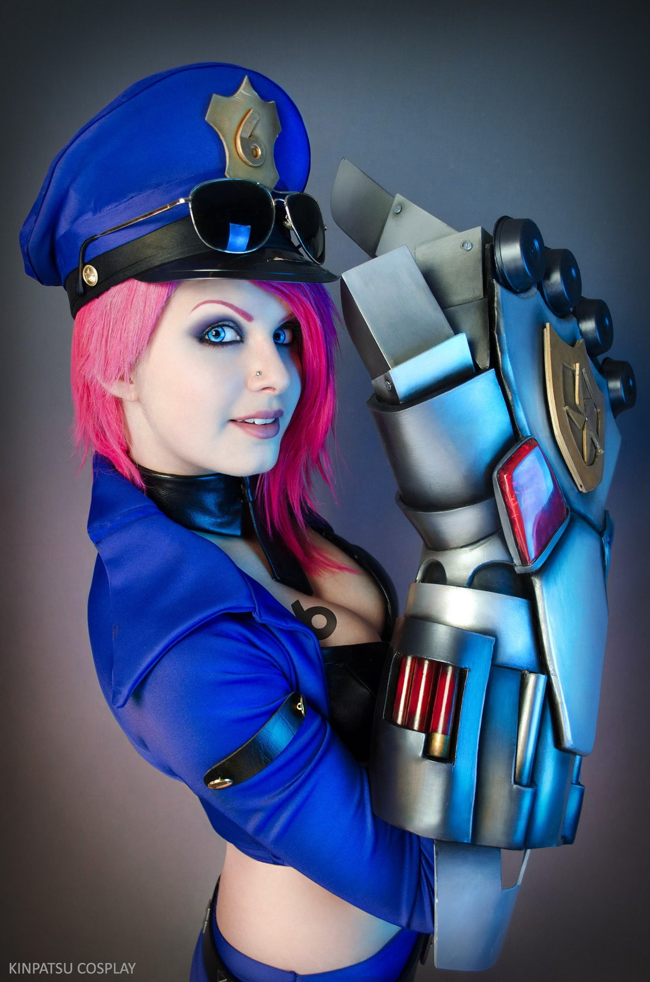 pink hair, model, happiness, League of Legends, protection, portrait, kinpatsu cosplay, hat, police, Number 6, simple background, emotion, standing, headwear, Phone HD Wallpaper