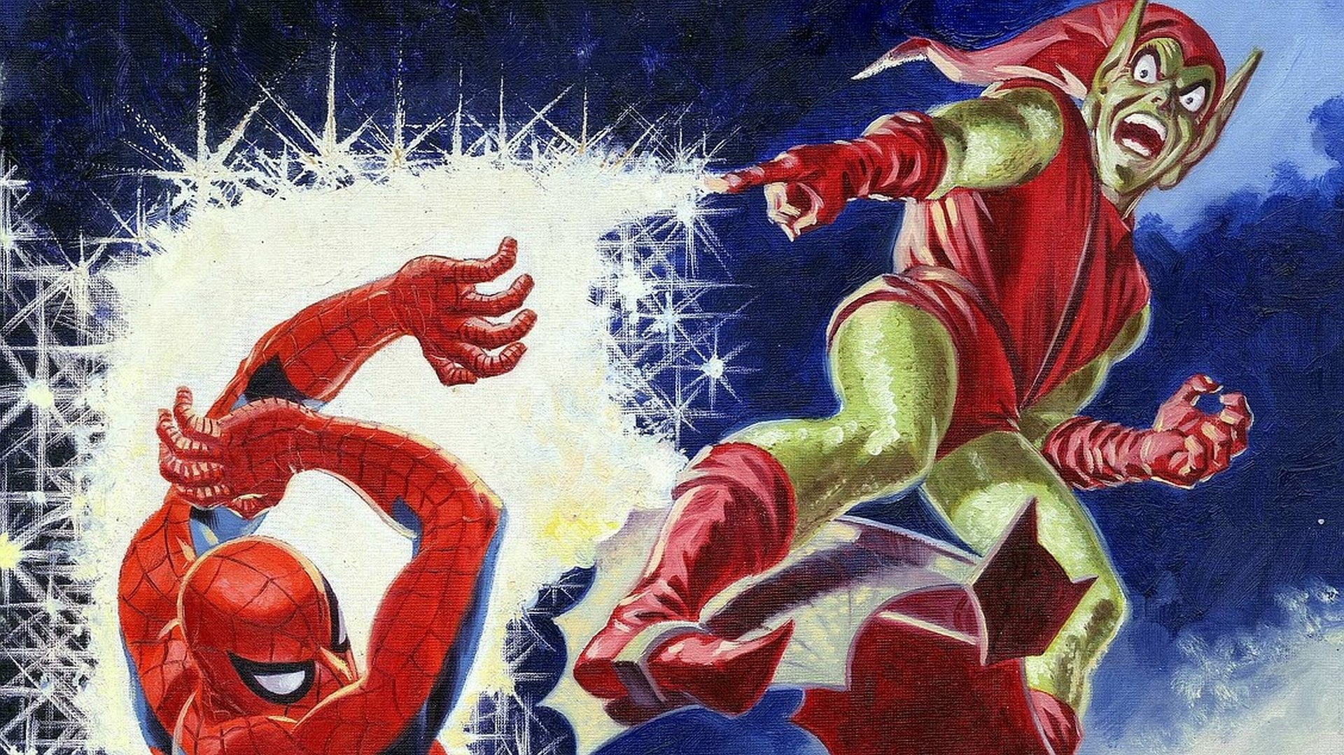 mural, paint, multi colored, red, nature, representation, art and craft, male likeness, painted image, Spider-Man, paintings, Green Goblin, 1080P, wall - building feature, HD Wallpaper