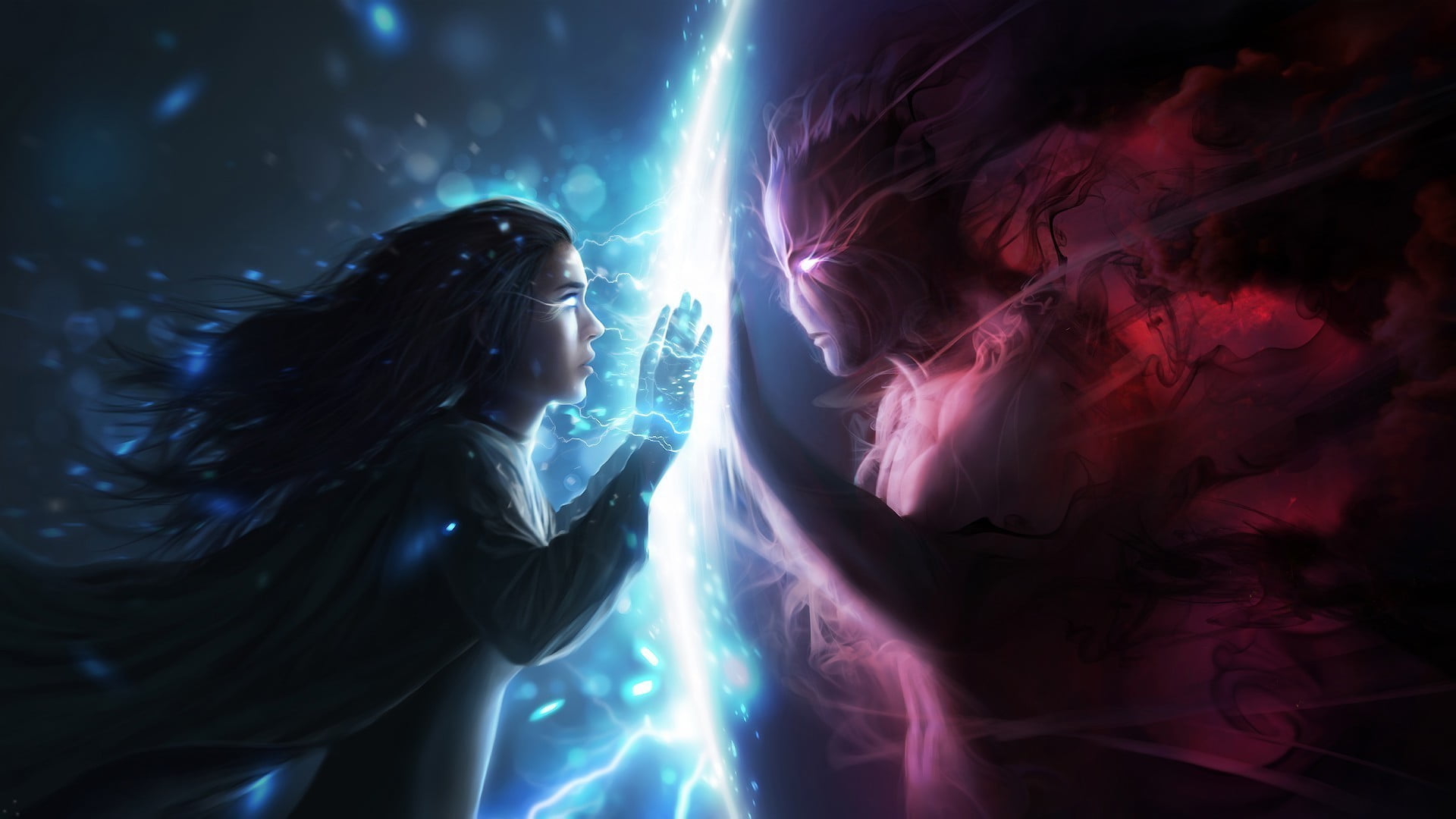 demon, game, women, artwork, illuminated, fantasy art, angel, nightclub, hair, long hair, abstract, adult, performance, laser, enjoyment, arts culture and entertainment, HD Wallpaper