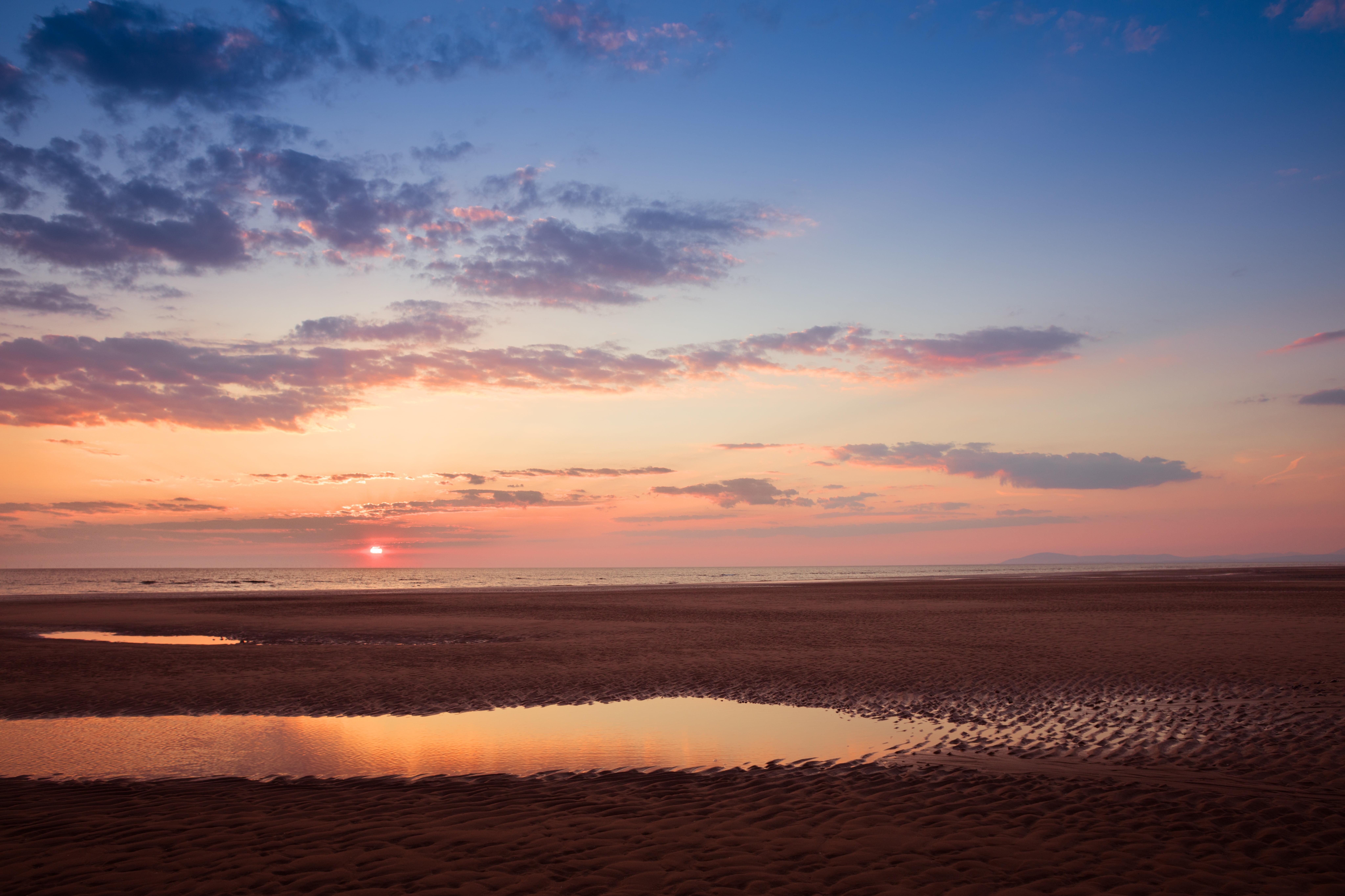 shore, land, sky, cloudy, blue, outdoors, sunlight, mountain, water, sunrise, dark, scenics - nature, idyllic, clouds, sand, nature, golden, white, low tide, HD Wallpaper
