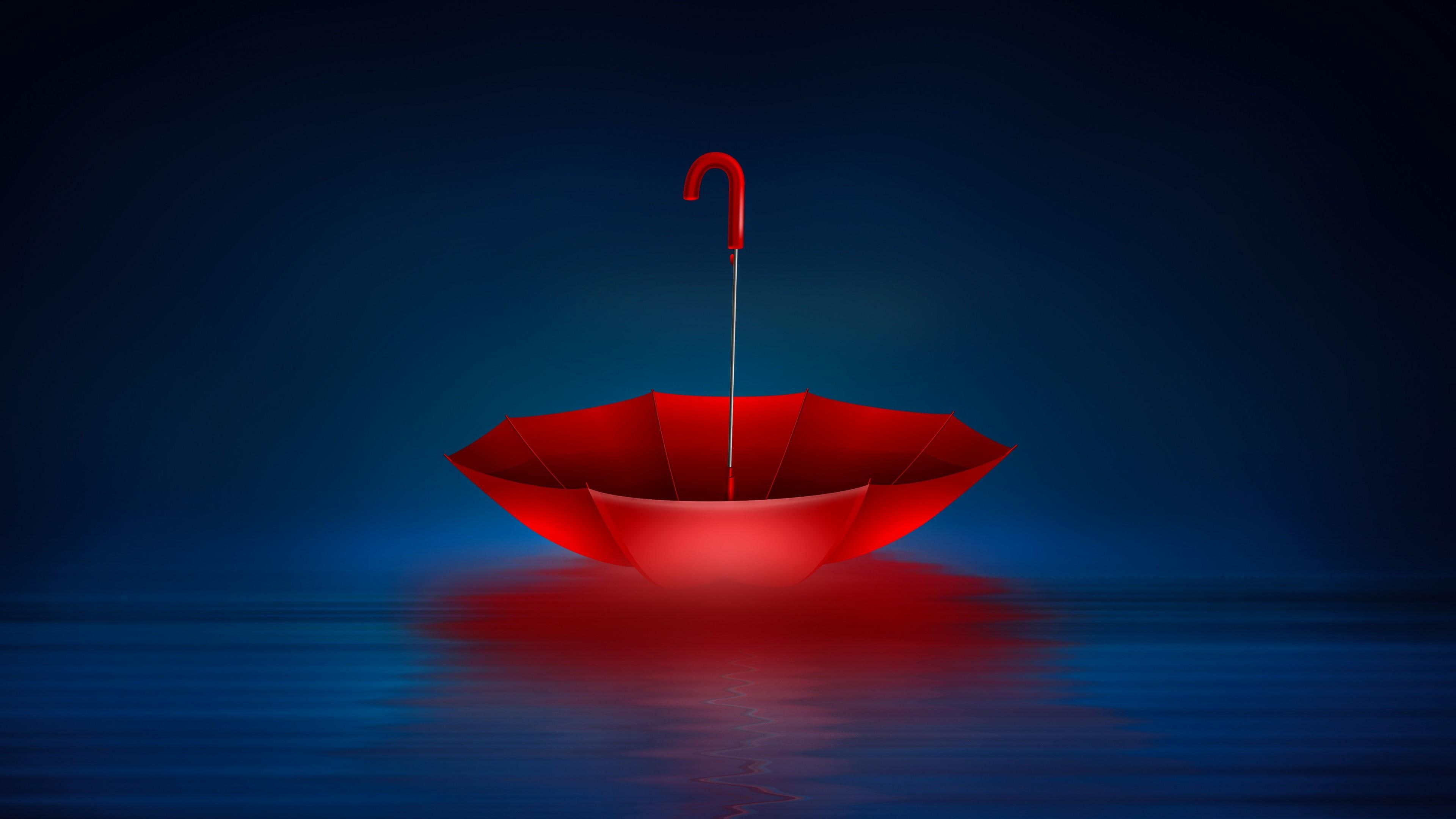 water, darkness, blue, red, red umbrella, calm, upside down, still life, umbrella, digital art, dark, reflection, 4K, HD Wallpaper