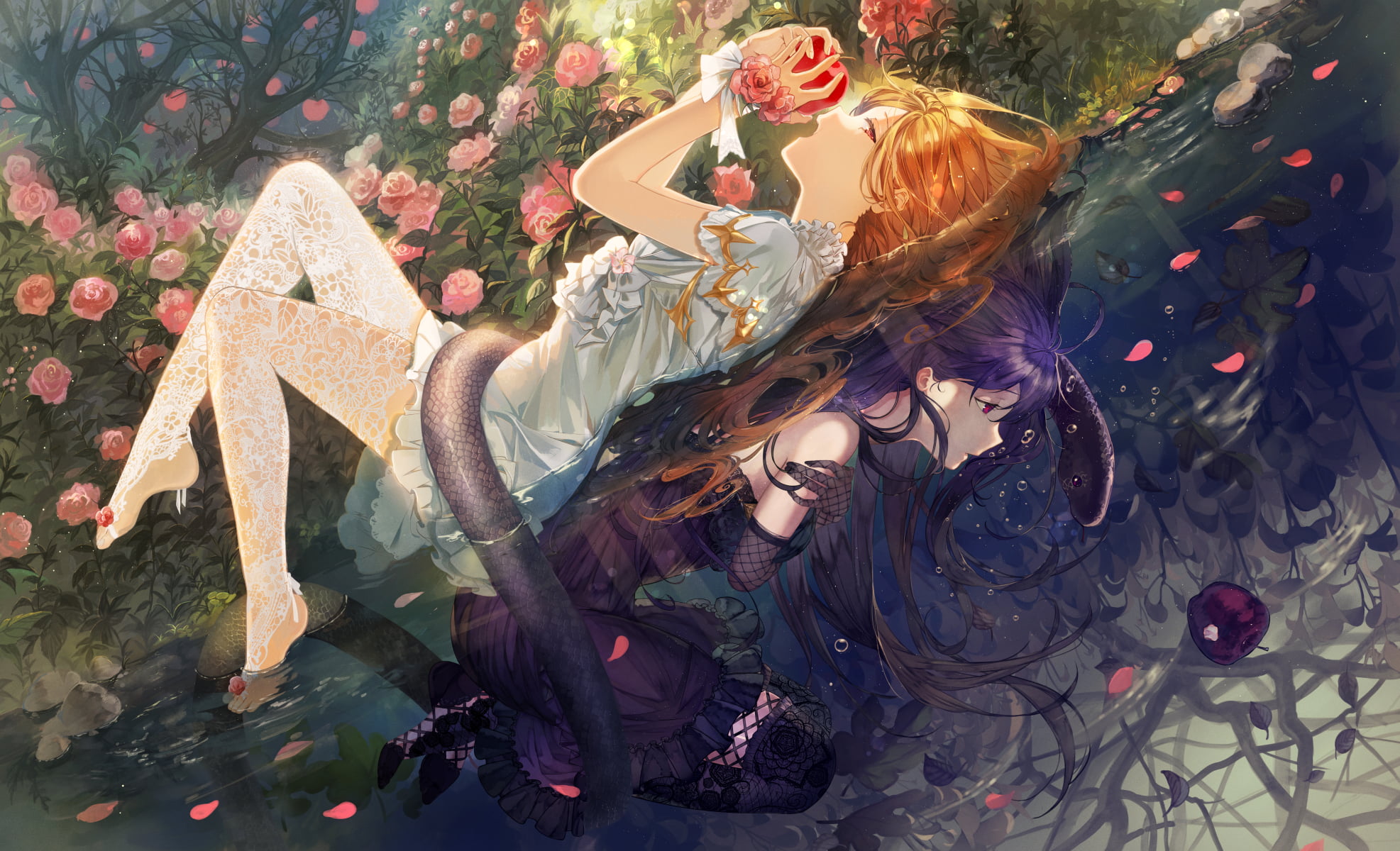 legs, anime, red eyes, purple hair, 1080P, upside down, anime girls, reflection, fantasy girl, apples, HD Wallpaper