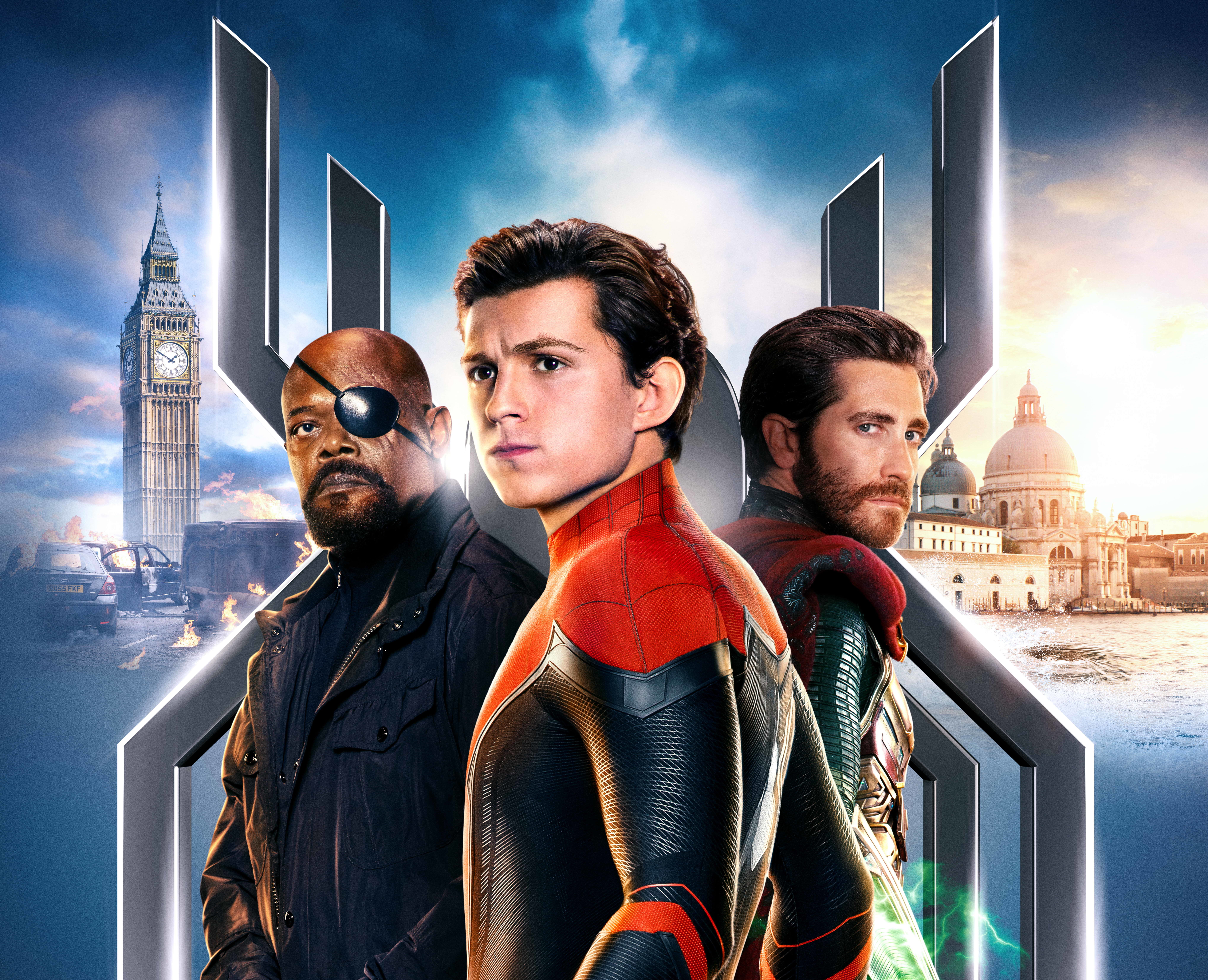 Nick Fury, Tom Holland, Spider-Man, Samuel L. Jackson, 8K, Spider-Man: Far From Home, Jake Gyllenhaal, Mysterio (Marvel Comics), HD Wallpaper