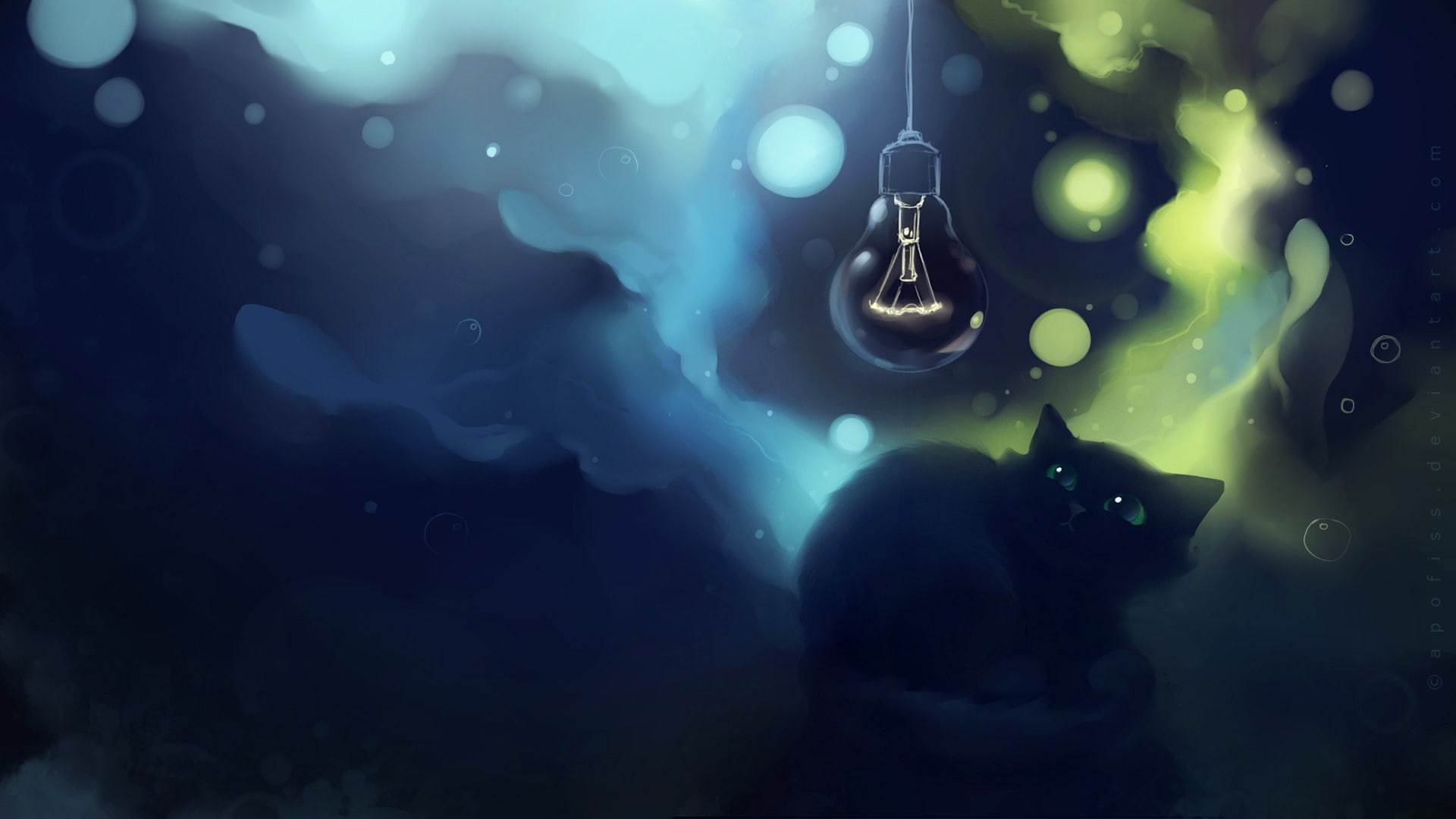 digital art, cat, artwork, lights, Apofiss, 1080P, lamp, light bulb, HD Wallpaper