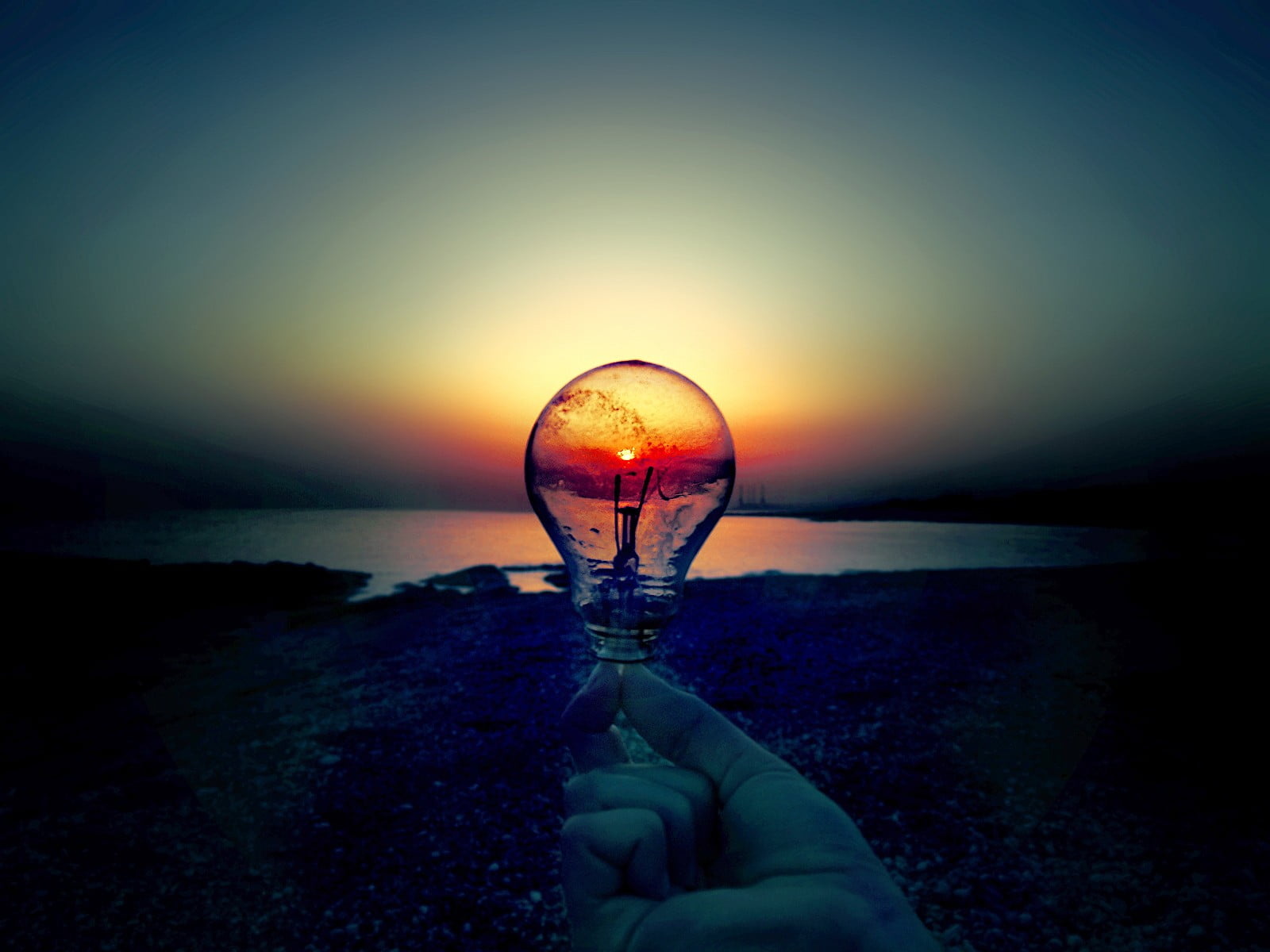 hand, unrecognizable person, 720P, horizon over water, light bulb, sea, sunset, transparent, beach, one person, nature, body part, landscape, sky, finger, HD Wallpaper