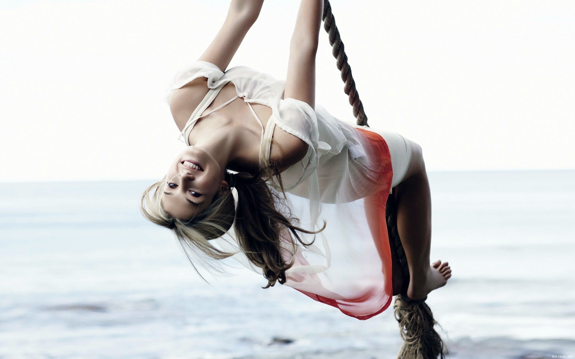 1080P, barefoot, women, ropes, swings, upside down, sea, HD Wallpaper