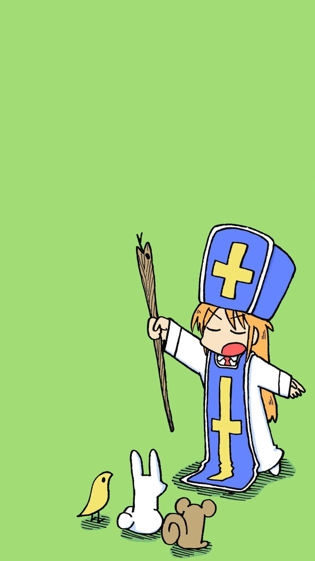 Nichijou, 1080P, outdoors, green color, archival, facial expression, holiday - event, colored background, fun, people, food and drink, meat, cartoon, mammal, Phone HD Wallpaper