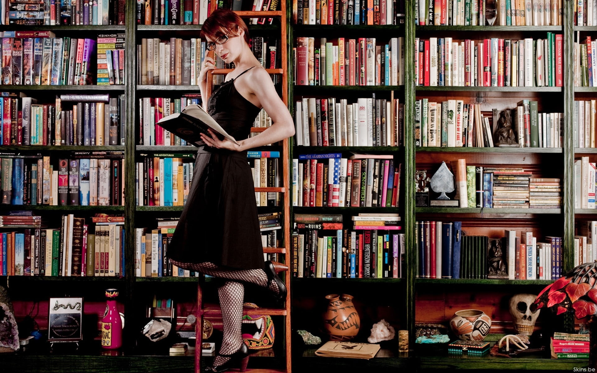 glasses, bookshelf, redheads, felicia, hd, books, people, library, day, girls, women, 1080P, art, HD Wallpaper