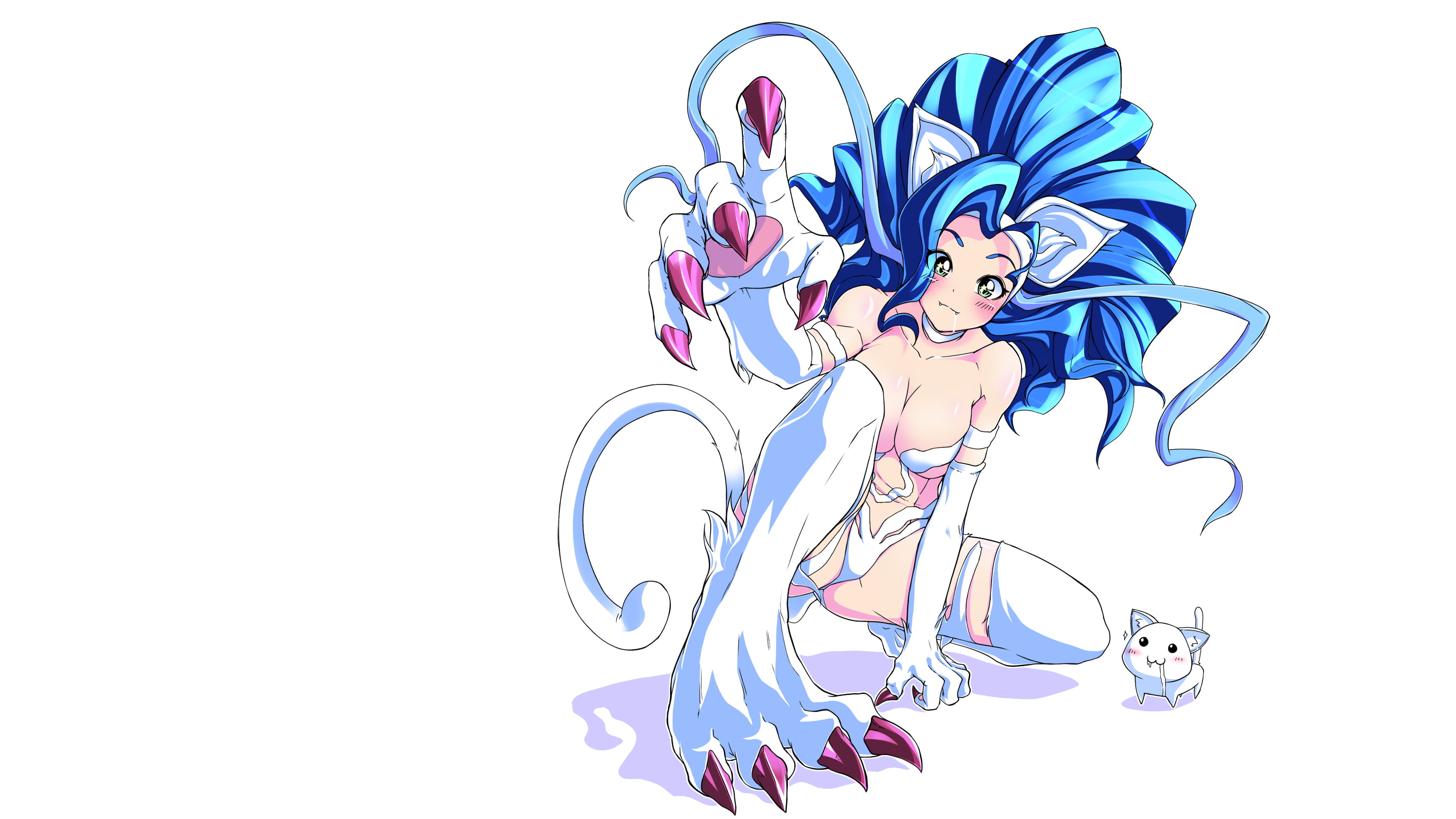 plain background, Darkstalkers, blue hair, Felicia, tail, Marvel vs. Capcom 3, cat girl, 2K, video game characters, Capcom, HD Wallpaper